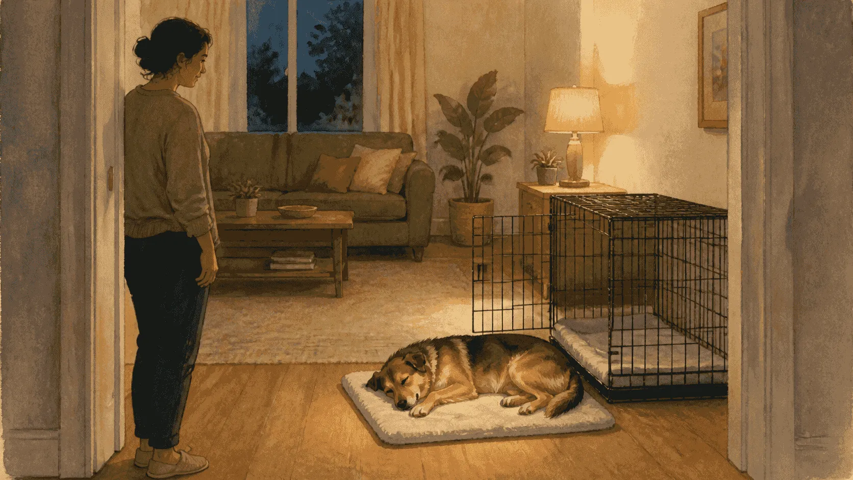 A calm mixed-breed dog rests on a mat beside an open crate while a caregiver observes from the doorway in evening light.