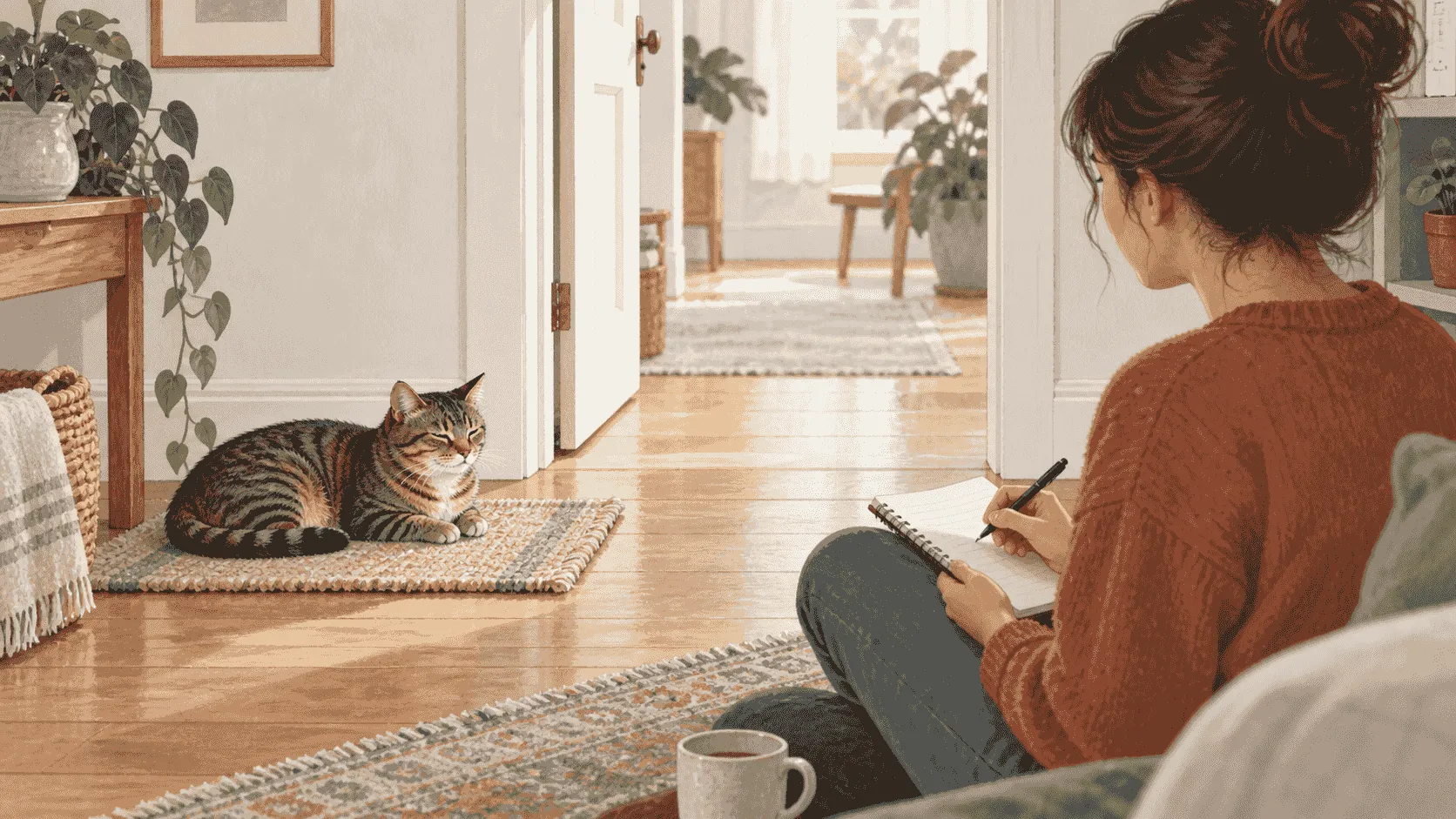 A caregiver writes a simple timeline while a tabby cat rests with an open route across the room.