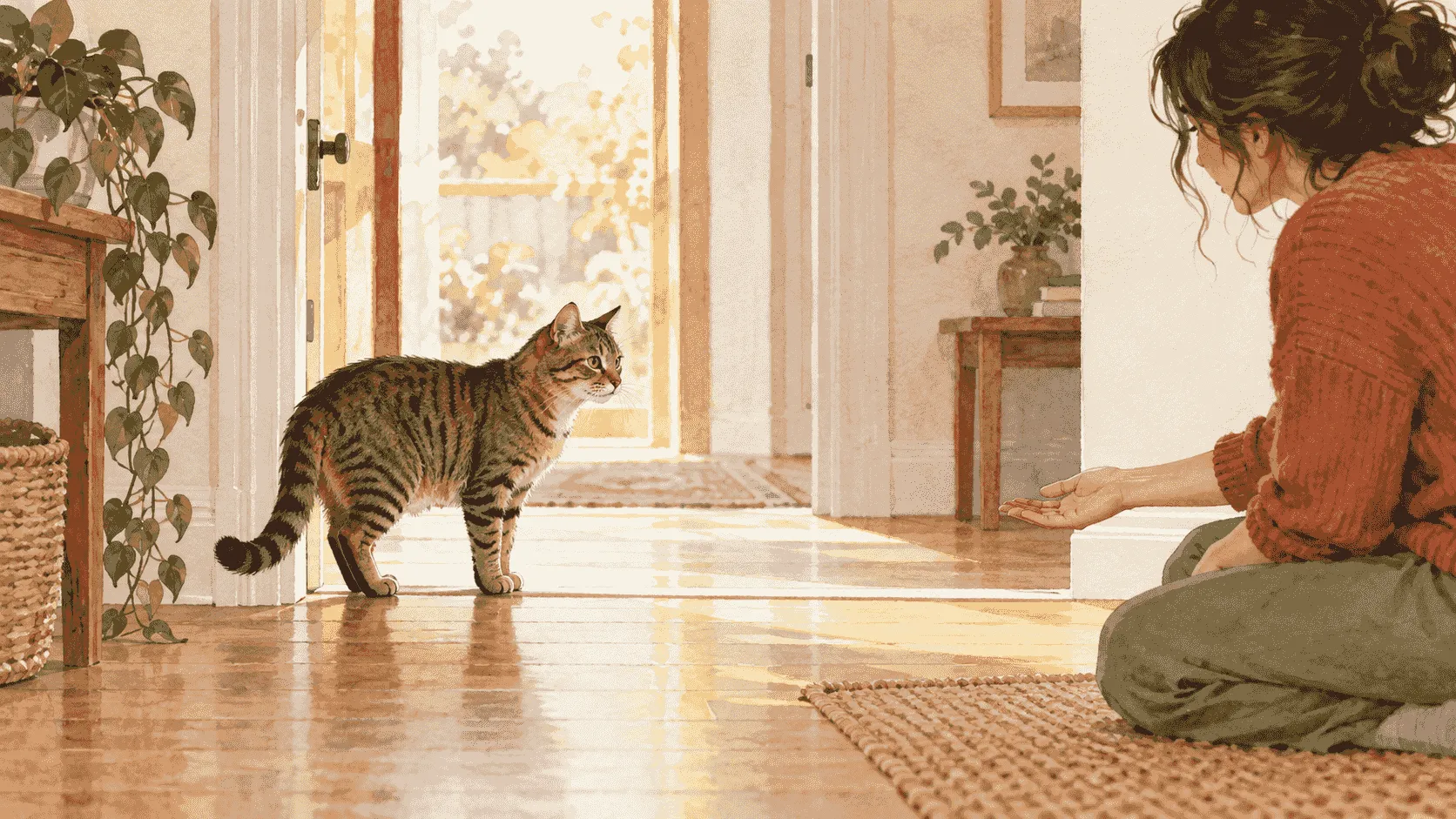 A tabby cat approaches a seated caregiver, pauses with an open route behind it, and chooses whether to continue the interaction.