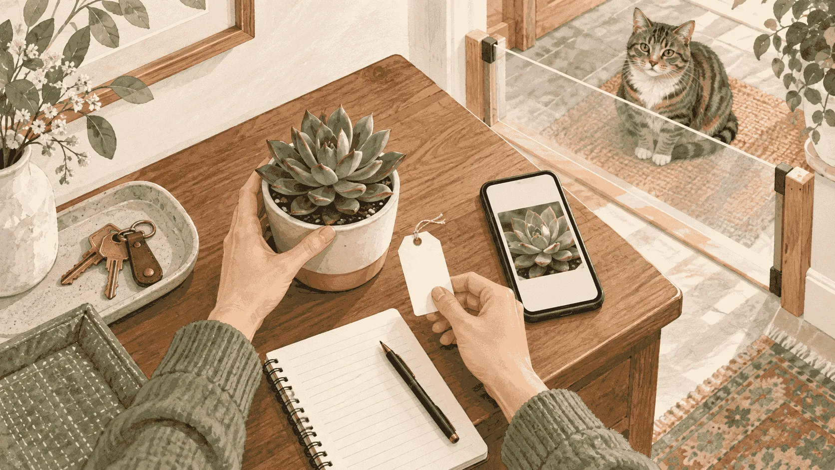 A caregiver photographs a succulent and its nursery tag while a cat remains behind a low clear barrier.