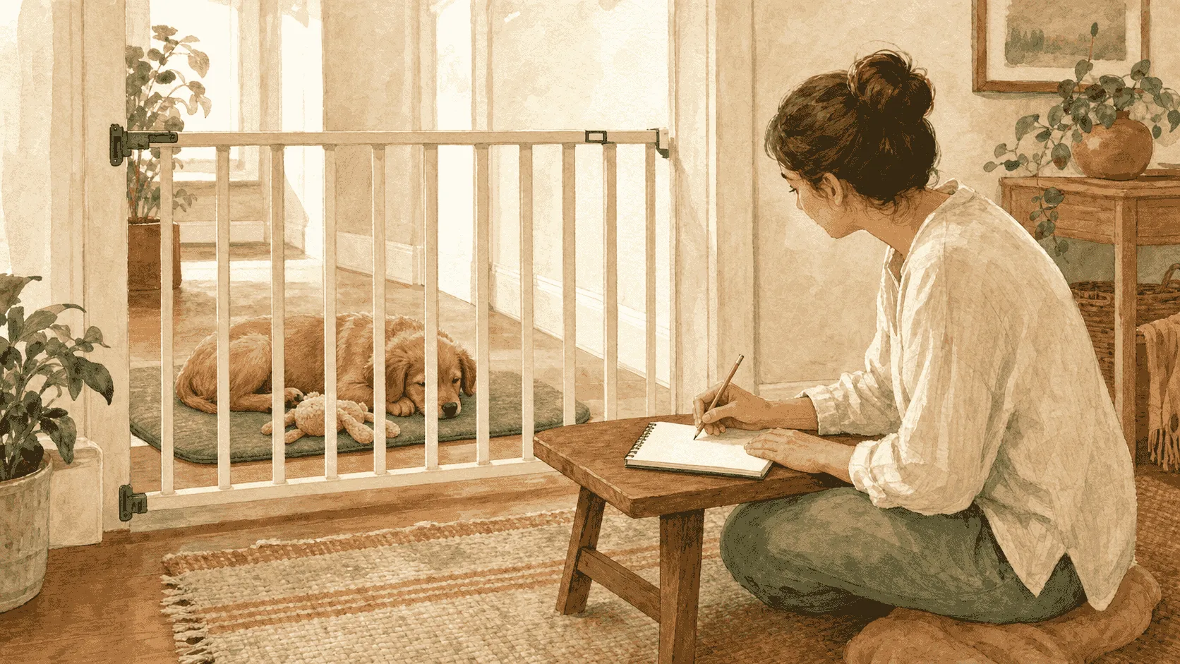 A puppy rests behind a baby gate while a caregiver places a soft toy nearby and records the time of a lively play session in a notebook.