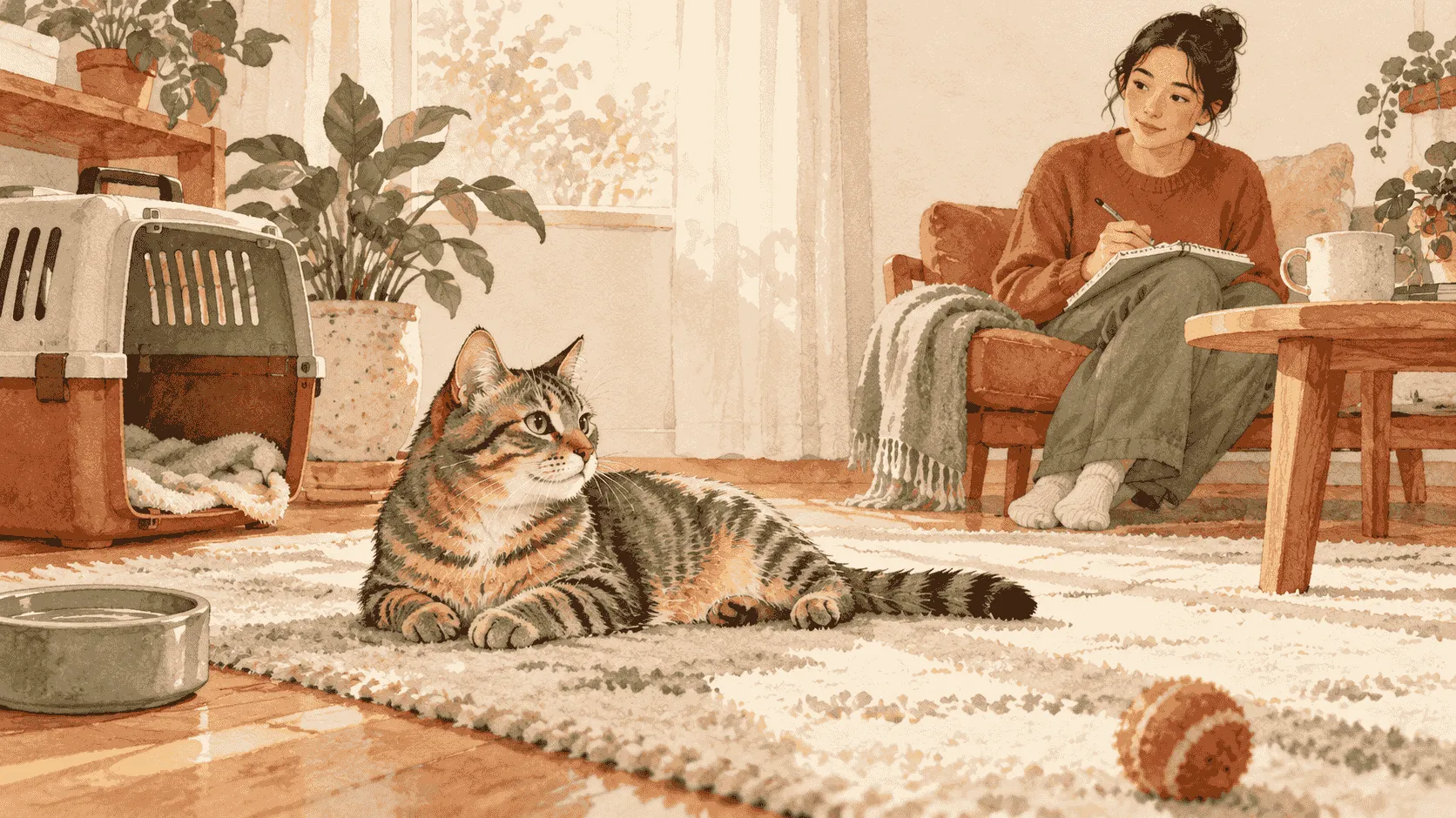 A caregiver writes the time of a cat's vaccination and new symptoms in a notebook while the tabby rests near an open carrier.