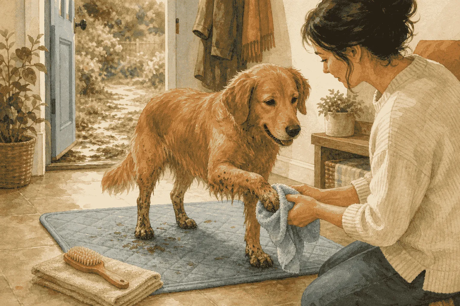 Muddy golden-brown dog stands on a washable entry mat while a caregiver gently wipes one paw with a towel.