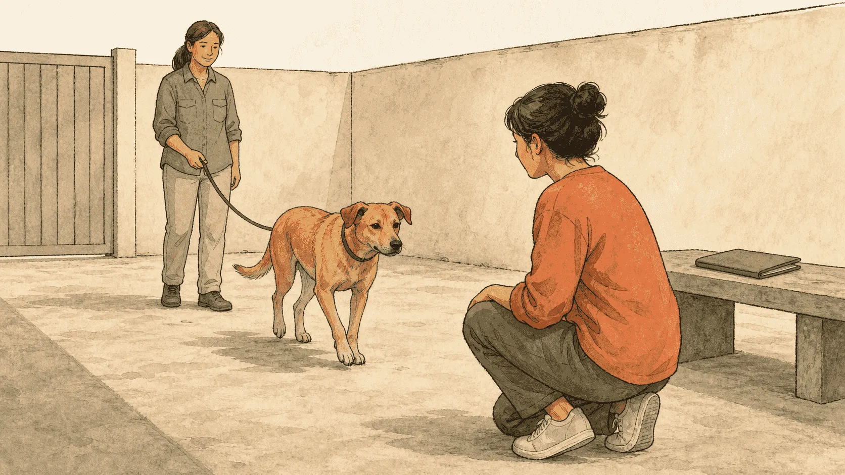 A calm tan mixed-breed dog meets a prospective adopter in a quiet room while a rehoming caregiver reviews an unmarked routine sheet nearby.
