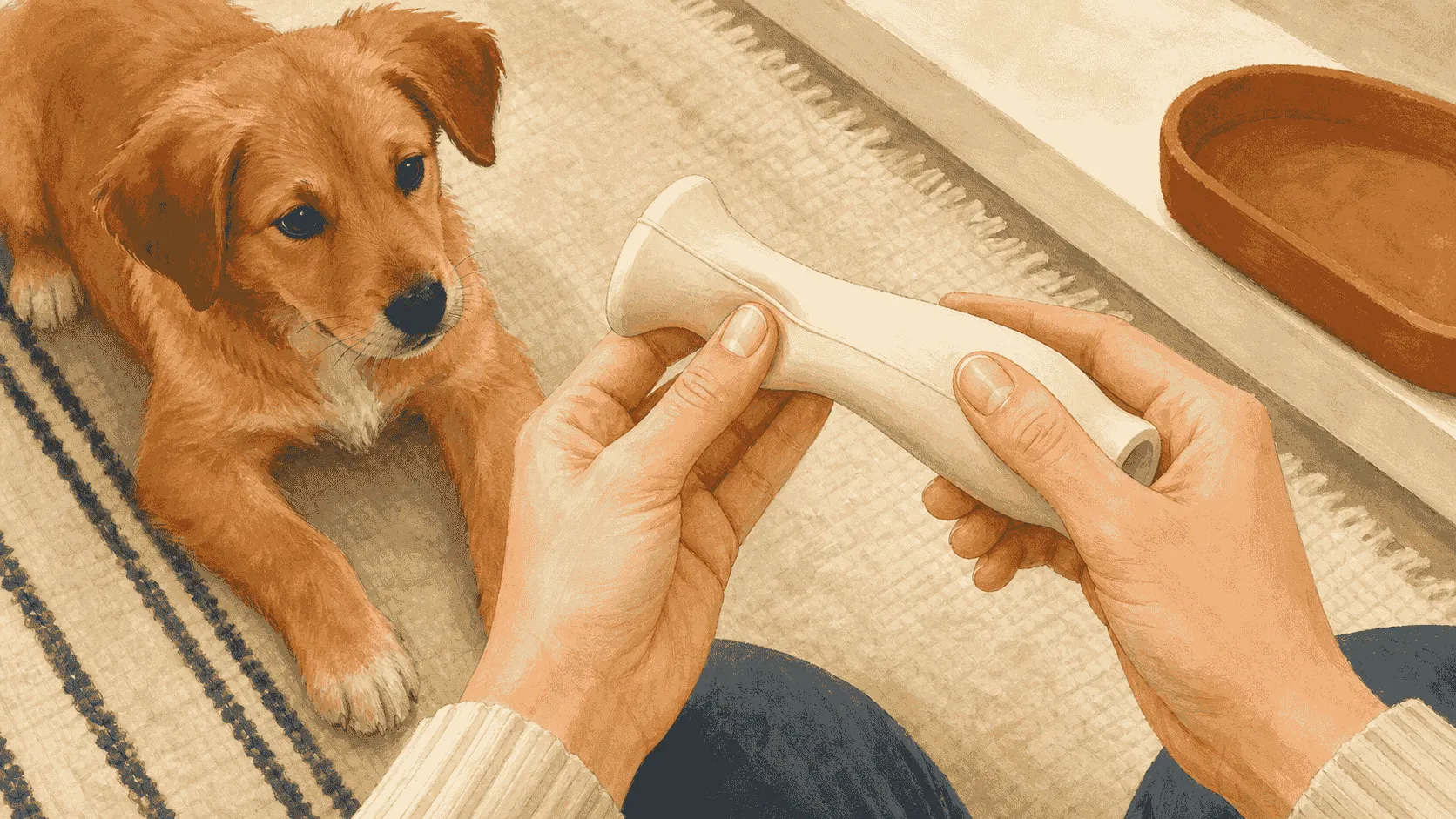 A caregiver presses a fingernail into a flexible cream chew toy and checks its seams while a golden-brown puppy waits nearby.