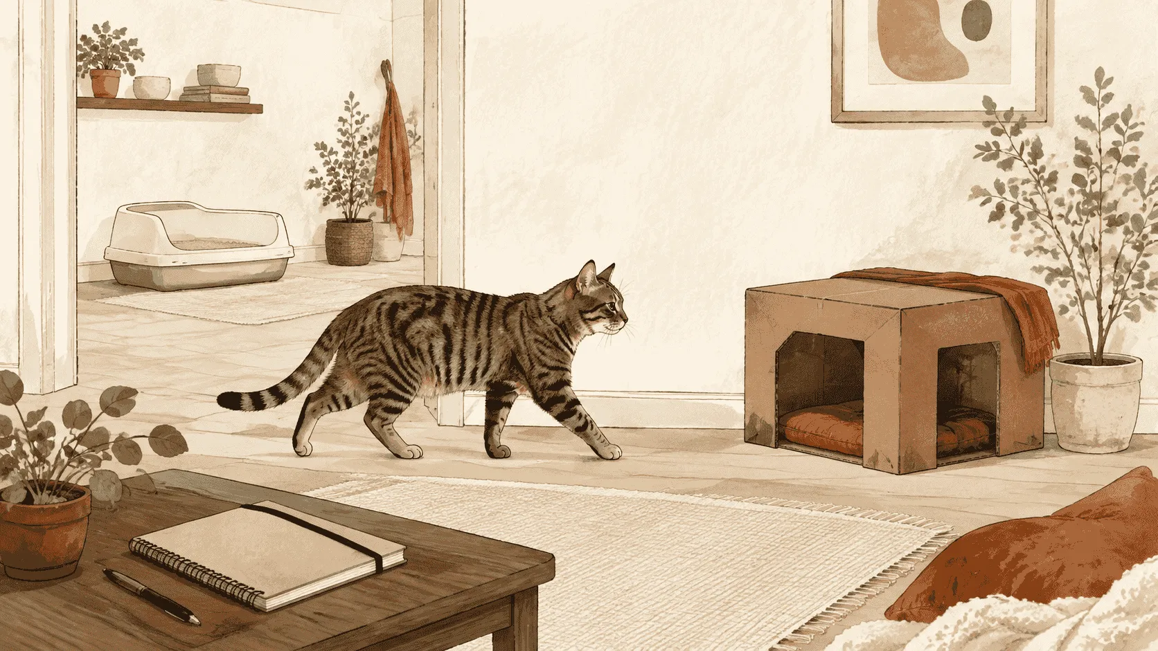 A caregiver places an open, two-route cardboard retreat away from the litter box while a tabby cat keeps a clear path through the room.