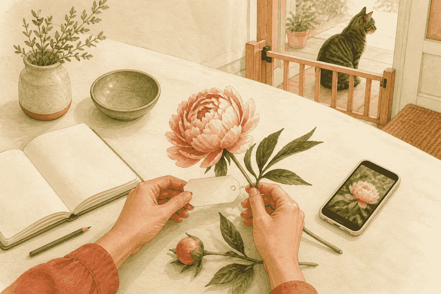 A caregiver photographs a peony beside its blank plant tag while a tabby cat remains behind a low gate.