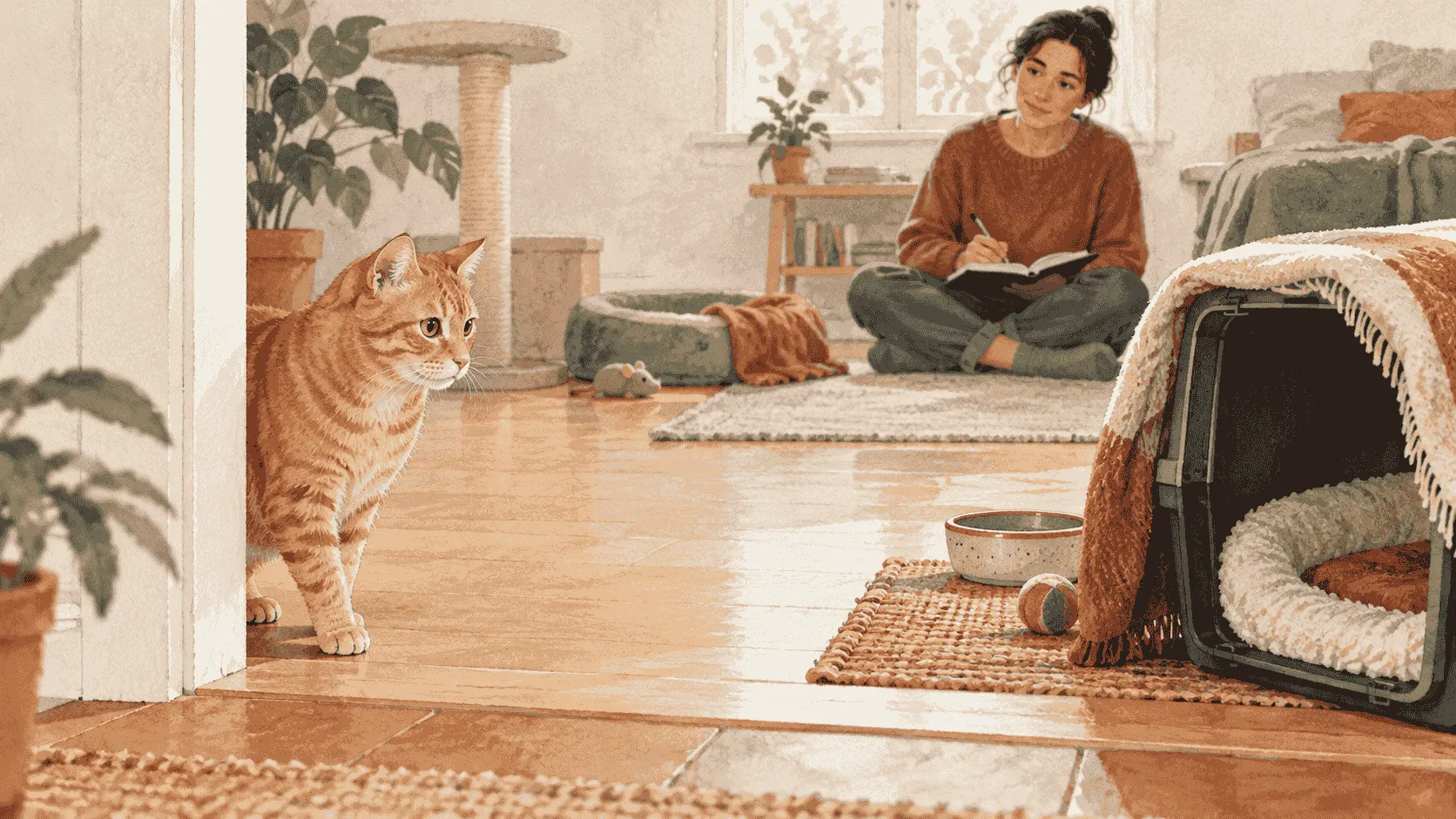 A caregiver compares a short individual-cat history note with an orange tabby resting beside an open carrier and a clear retreat.