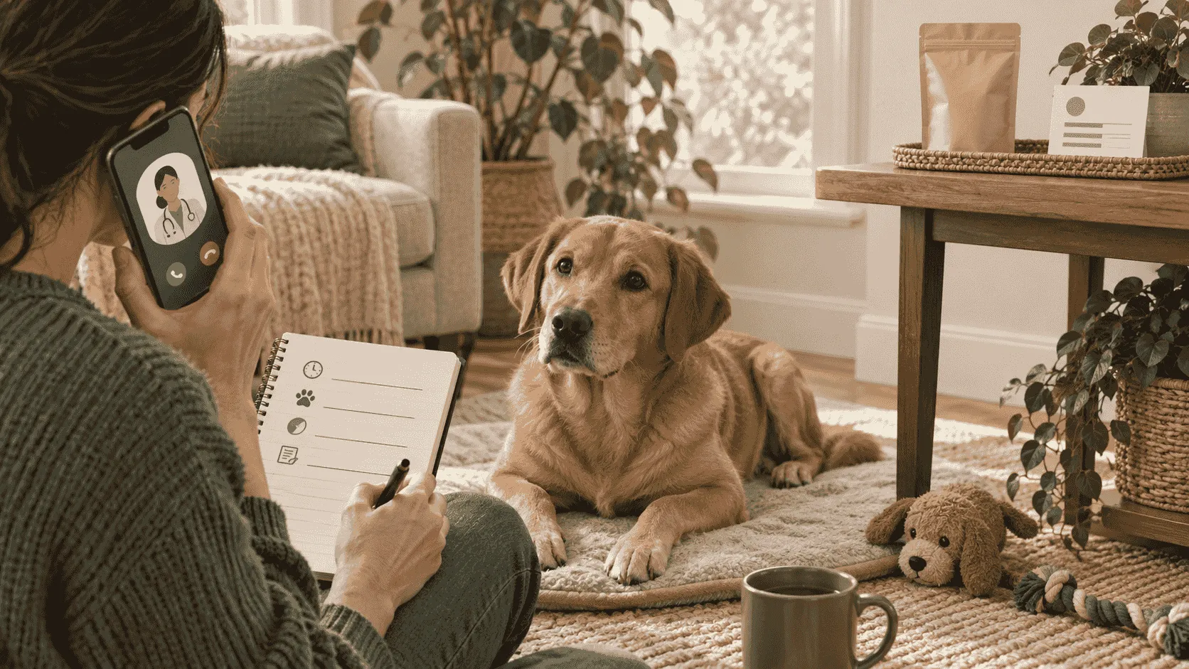 A caregiver records simple observations while a calm dog rests and a sealed product stays safely out of reach.