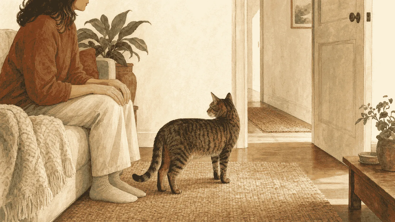 A caregiver pauses with one hand resting on their knee while a tabby cat chooses between leaning closer and stepping toward an open doorway.