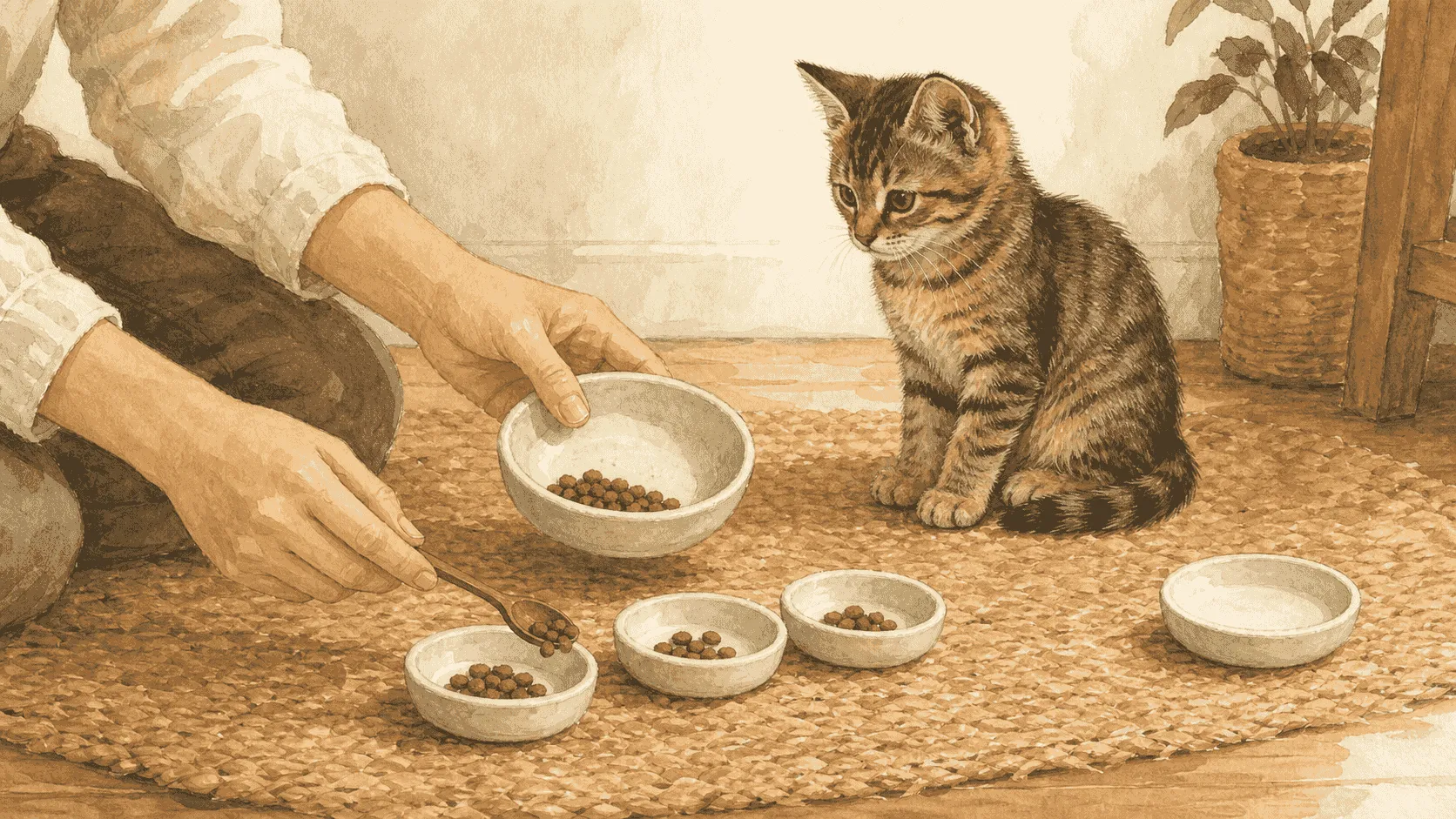A caregiver divides one measured daily kitten allowance among several small ceramic dishes while a tabby kitten waits nearby.