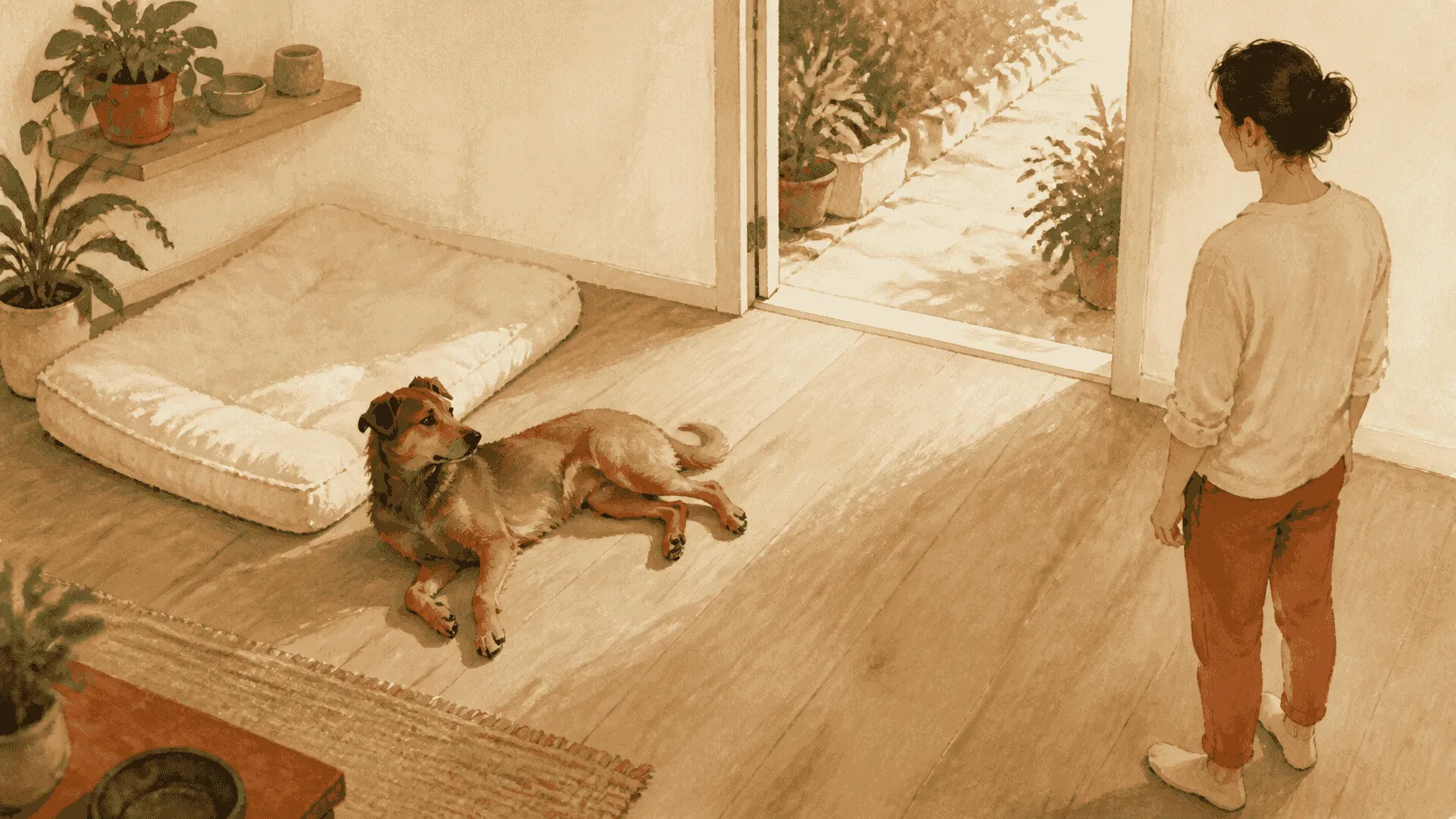 A brown dog rests belly-up on a cream rug while a caregiver pauses at the edge of the room and leaves the dog an open route away.