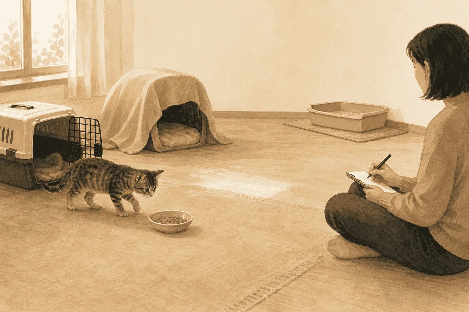 A tabby kitten approaches a familiar meal in a quiet base room while a caregiver records the time and amount eaten from a respectful distance.