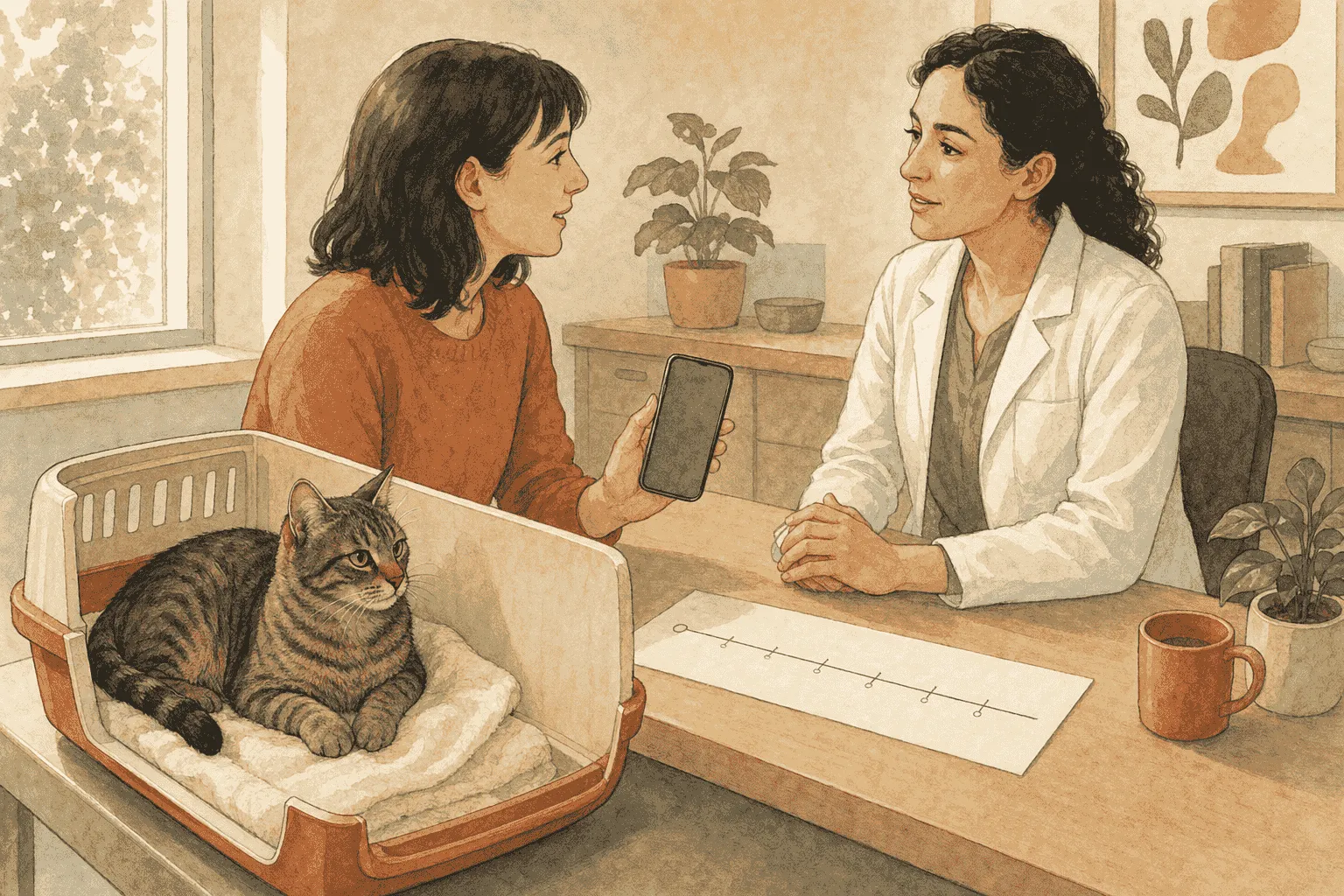 A tabby cat rests in an open carrier while a caregiver shows a phone video to a veterinarian beside a paper timeline.