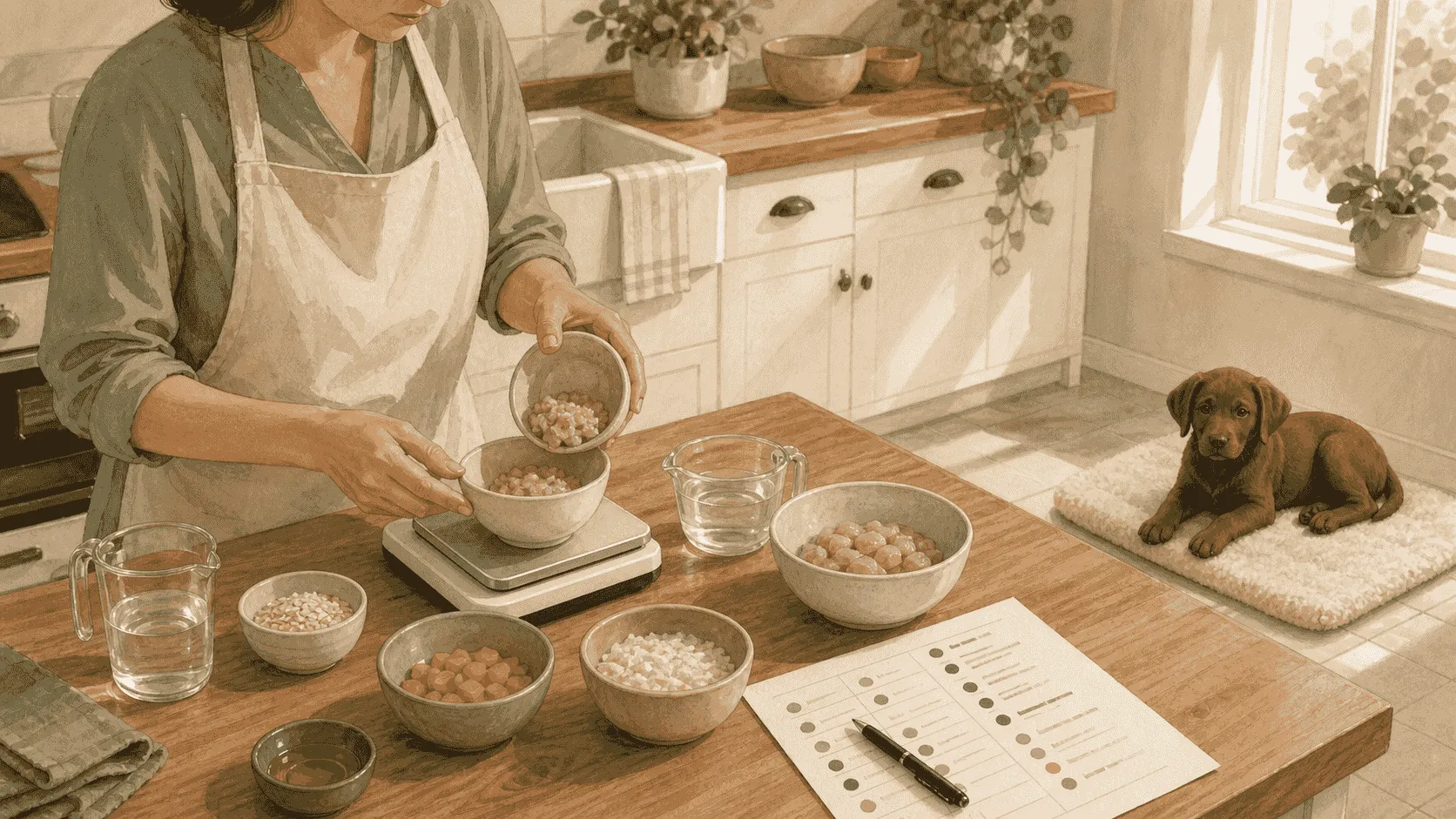 A caregiver measures separate unbranded ingredients while checking each line of an individualized puppy recipe beside a kitchen scale.