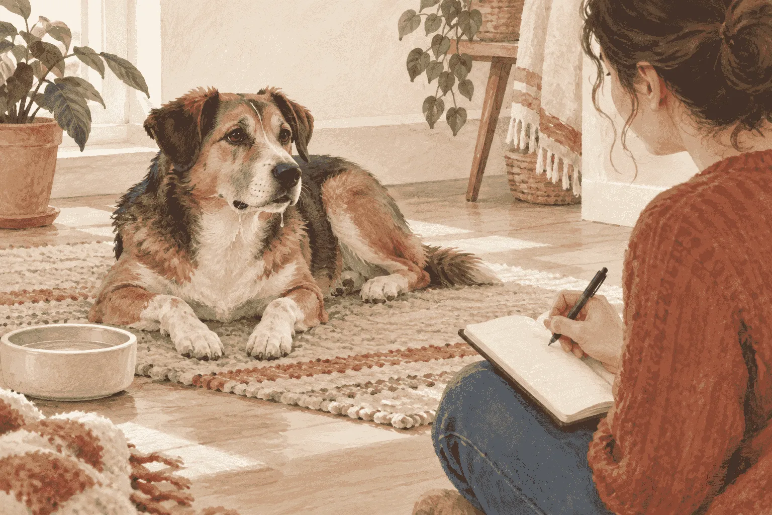 A caregiver writes a short drooling note while a mixed-breed dog looks toward an open, uncluttered room.