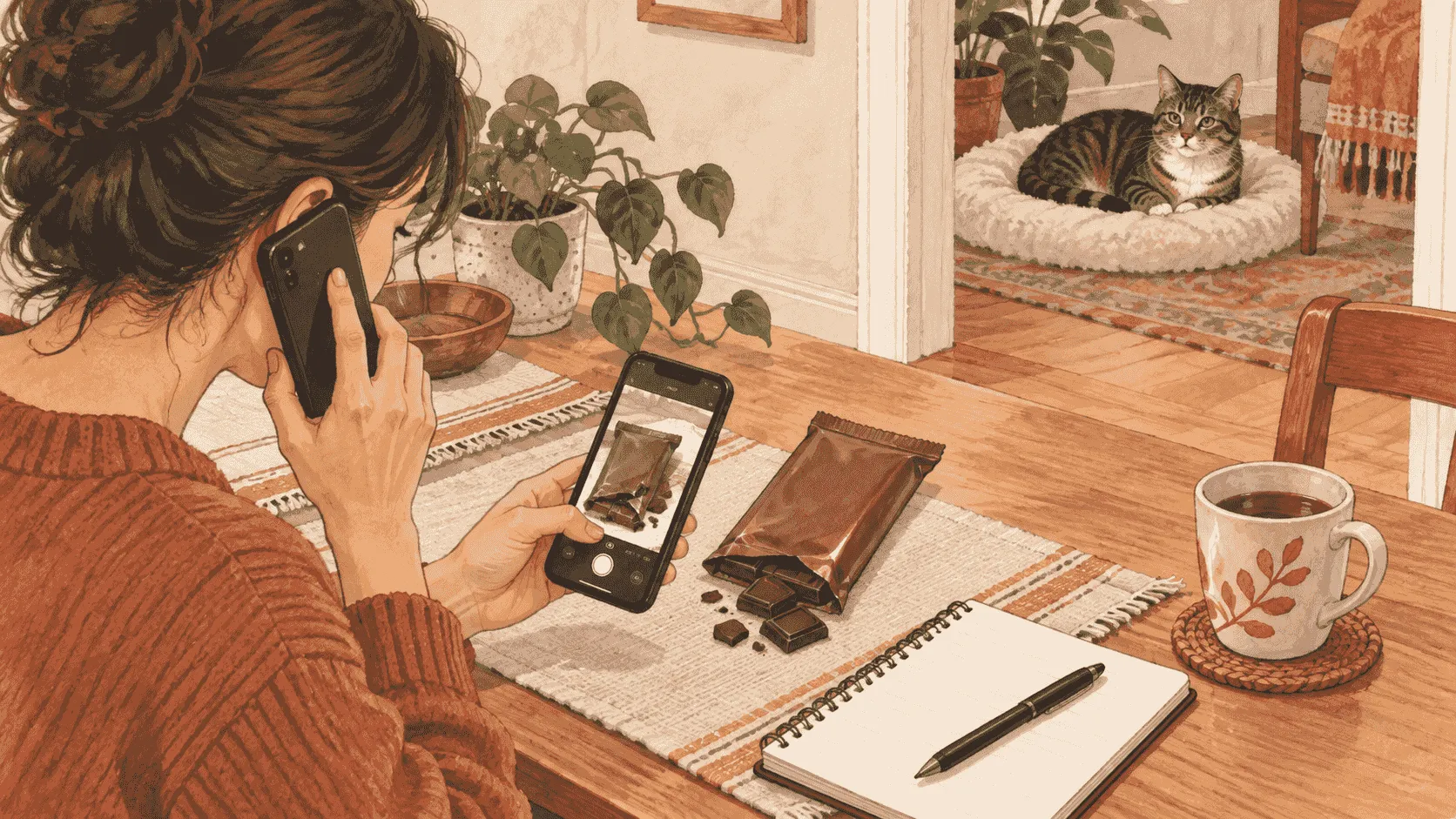 A caregiver photographs a chocolate package beside a notebook while a cat watches from a separate resting area.