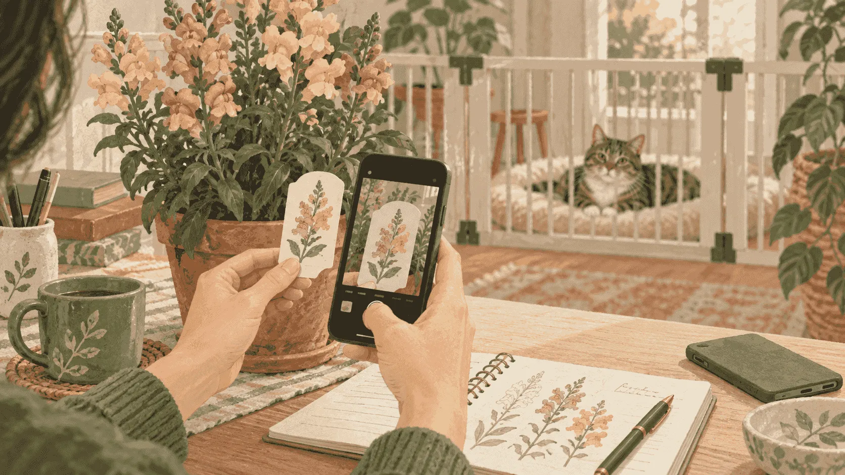 A caregiver photographs a snapdragon plant label while a tabby cat stays behind a low gate with a notebook open nearby.