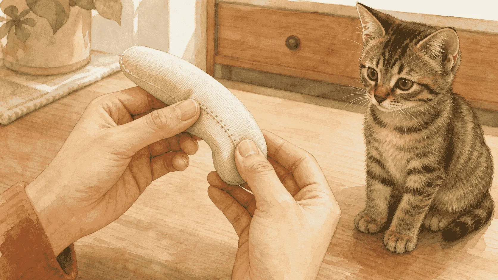 A caregiver bends a plain soft kitten toy and checks its seams while a tabby kitten waits beside a closed storage drawer.