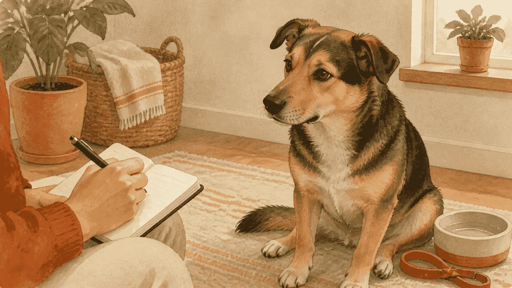 A calm dog sits beside a caregiver writing down a nose observation, with a leash and water bowl nearby in a warm home setting.