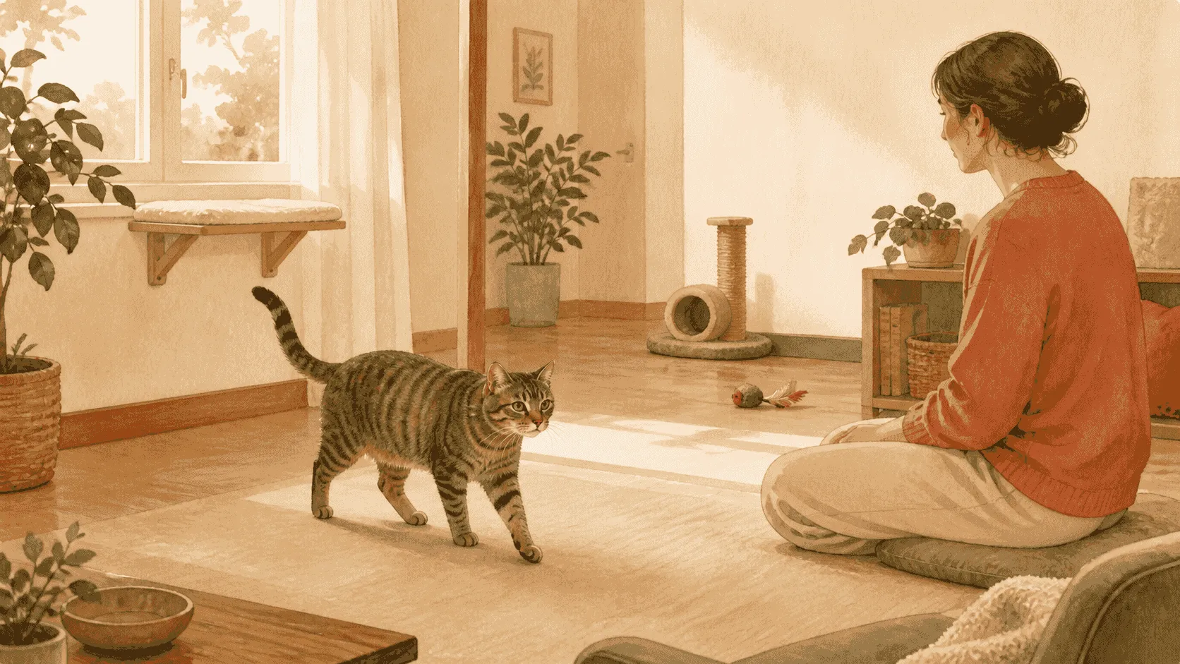 A cat leaves a window perch for an open play area while a caregiver pauses nearby and keeps the route clear.