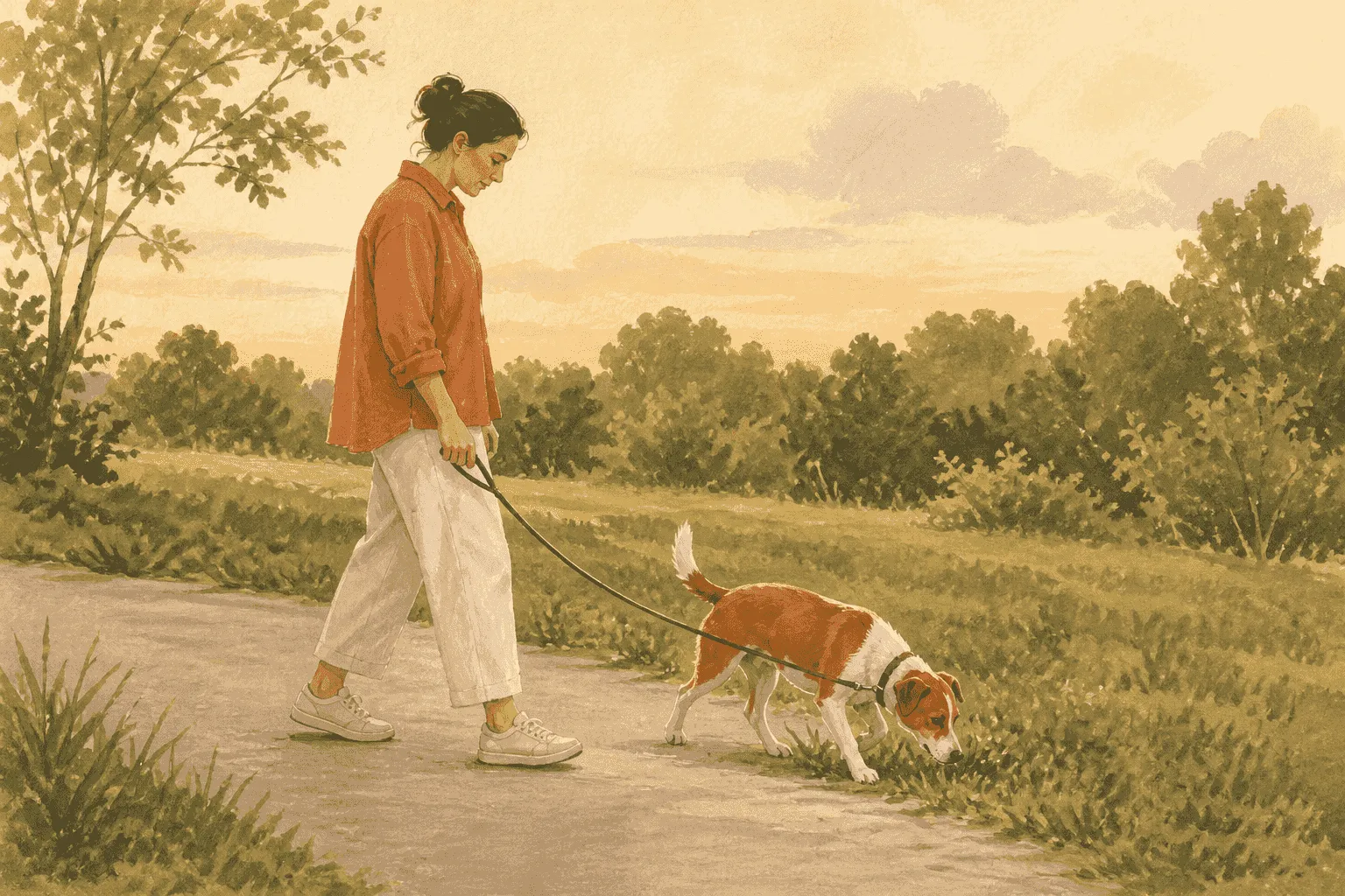 Brown dog on a loose lead pauses to sniff a grassy verge while a caregiver looks at the ground before calmly guiding the dog onward.