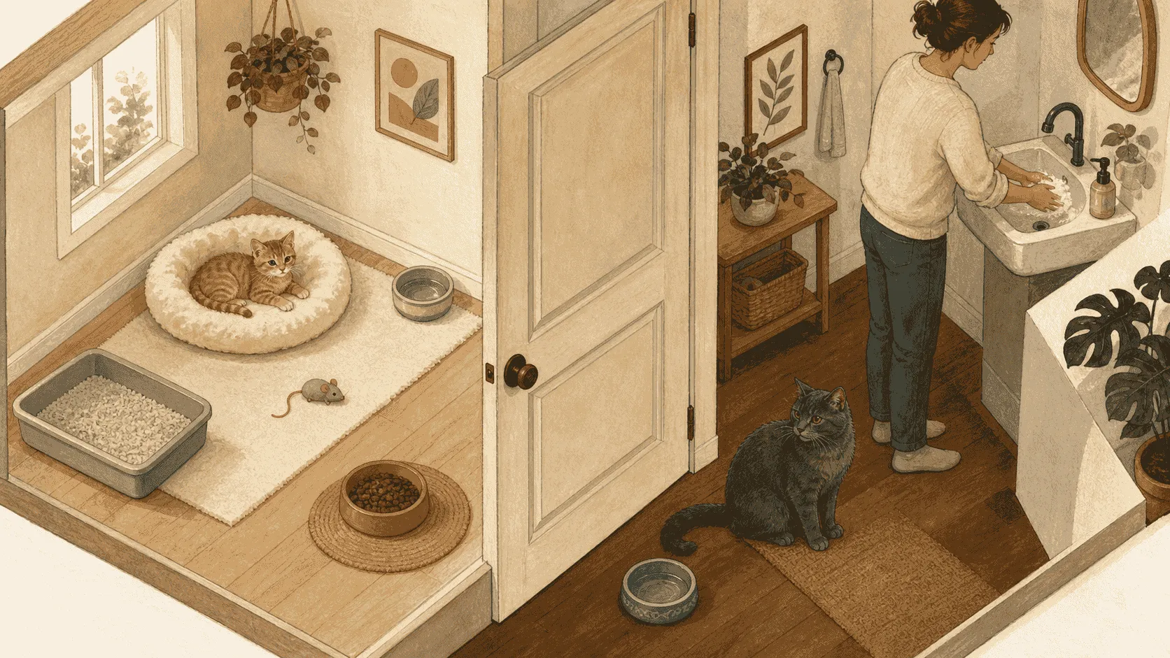 A small orange tabby kitten rests with its own bowls and bedding while a resident gray cat stays across the doorway as a caregiver washes their hands.