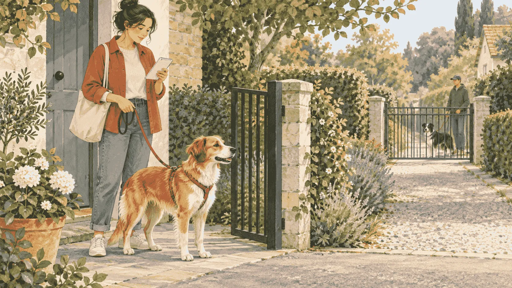 A caregiver records a female dog's heat-cycle observations while keeping her separated from a second dog behind a garden gate.