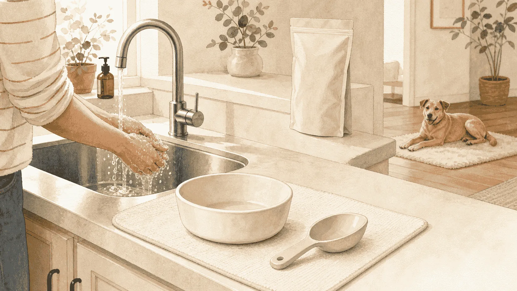 A caregiver washes their hands at a kitchen sink beside a clean dog bowl and a sealed unbranded treat pouch.