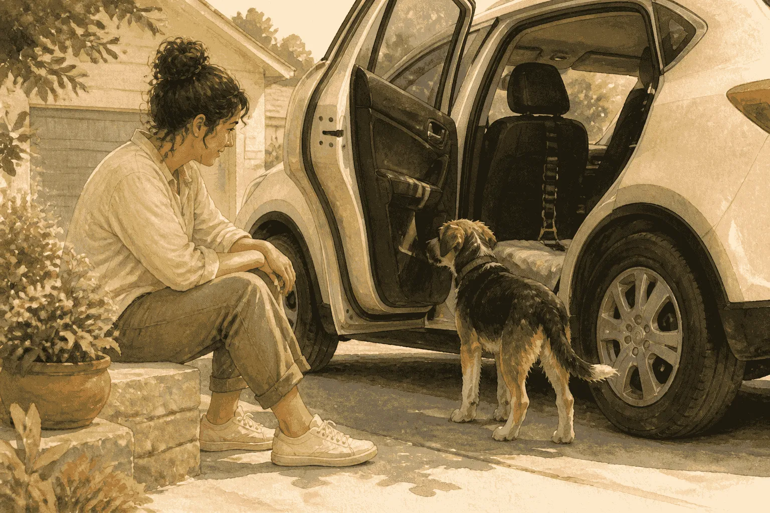 A caregiver sits beside an open parked car while a young dog calmly looks toward its secured travel space in the back seat.