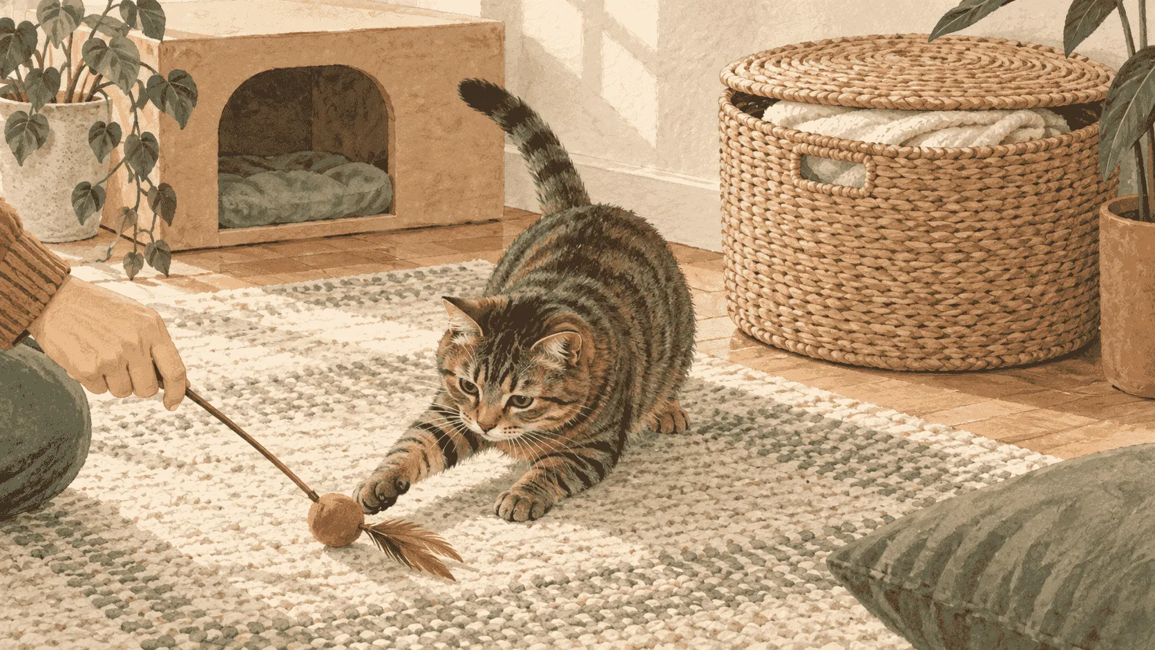A tabby cat pauses beside a folded cream blanket while a caregiver records the fabric-sucking context from a respectful distance.