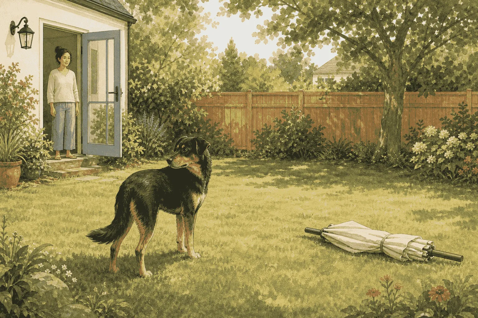 Black-and-tan dog pauses near an unfamiliar closed patio umbrella in a fenced garden and looks back at a calm caregiver.