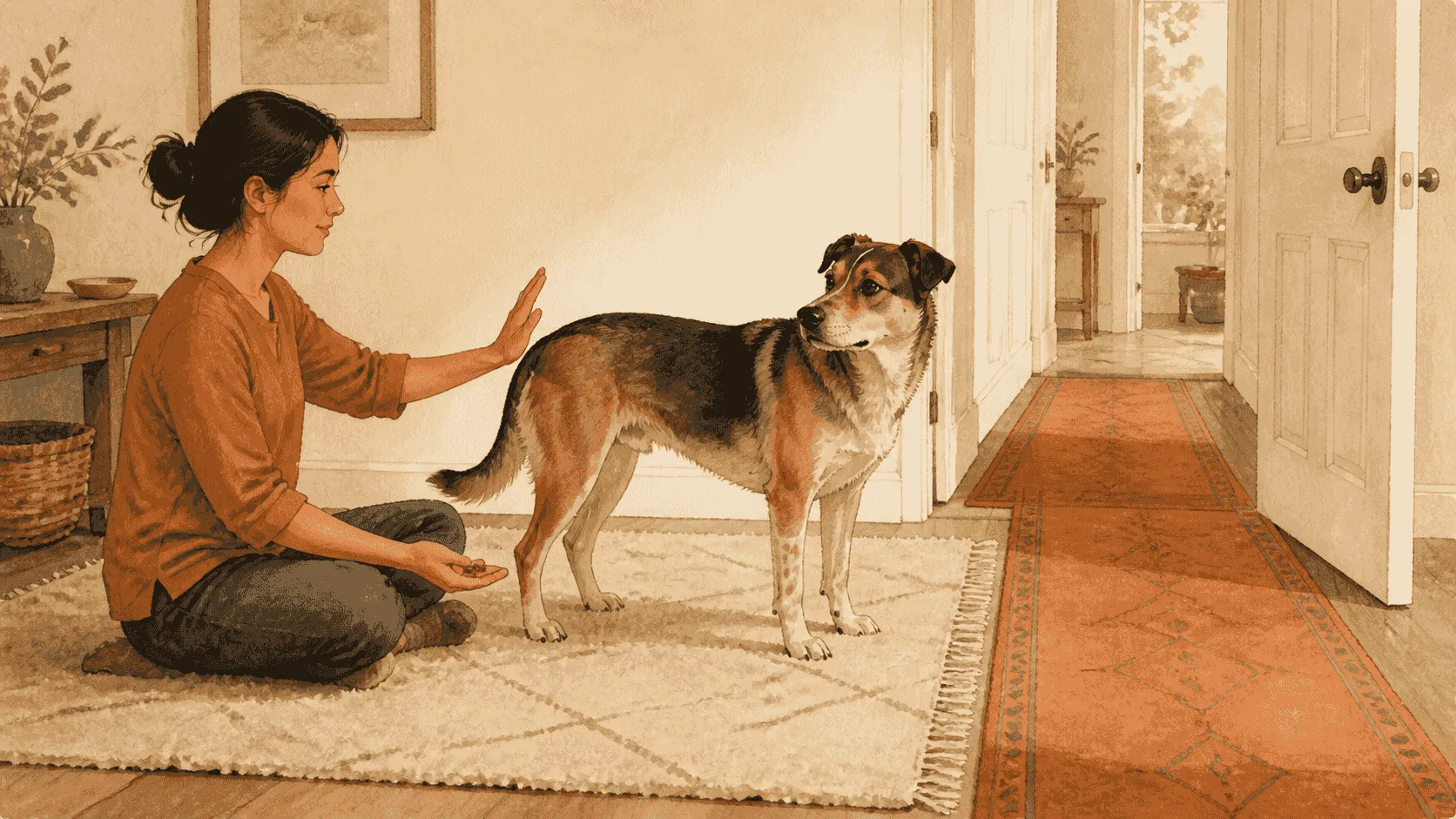 A seated caregiver holds a small treat and keeps one open hand above a standing dog's back while an open doorway leaves a clear route away.