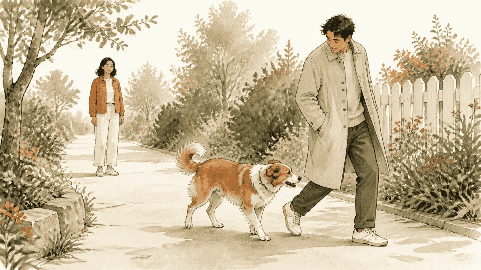 A dog turns away from a visitor on an open garden path while the owner leaves room for the dog to move.