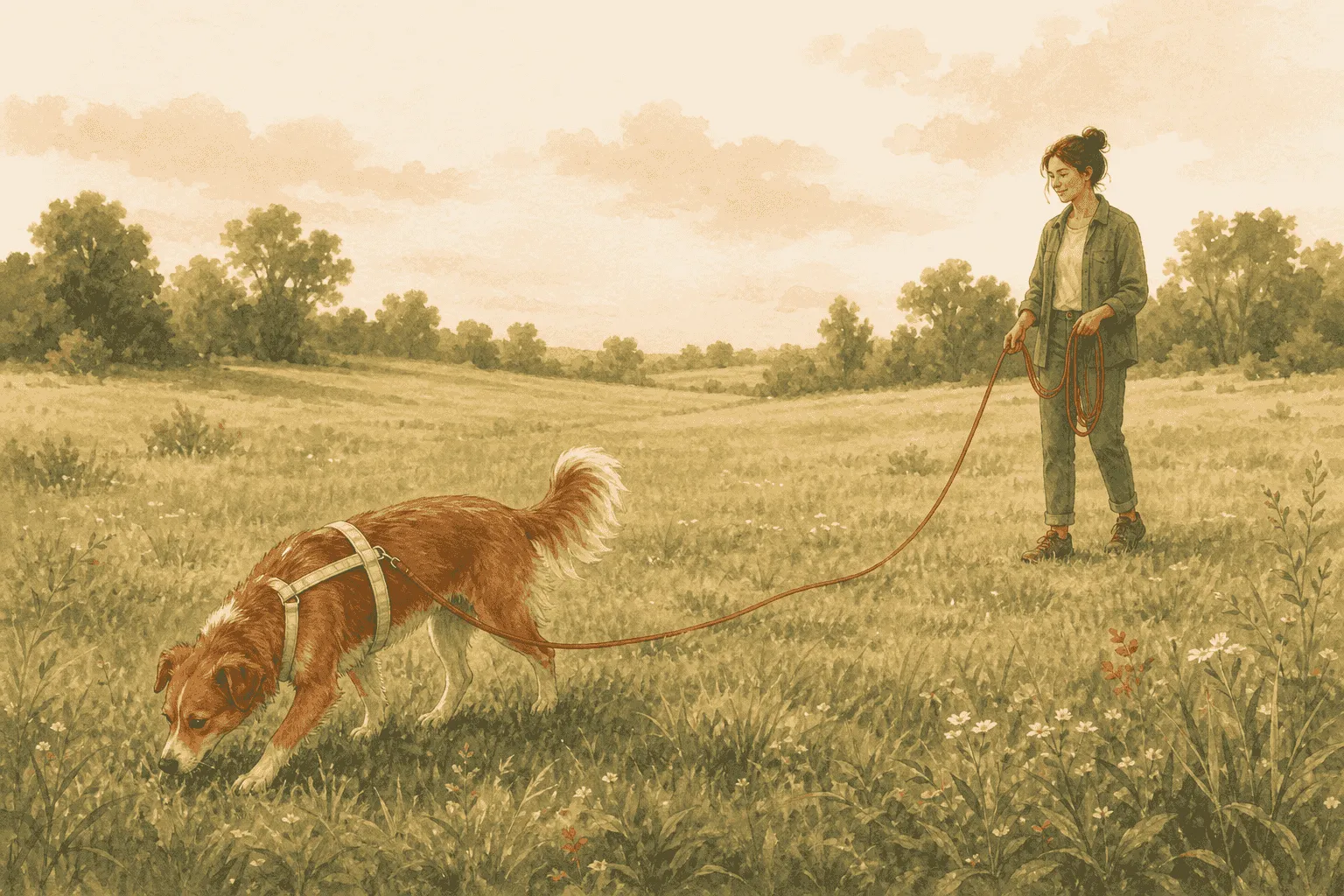 A chestnut-and-cream dog sniffs in an open meadow on a slack long line held by a caregiver.