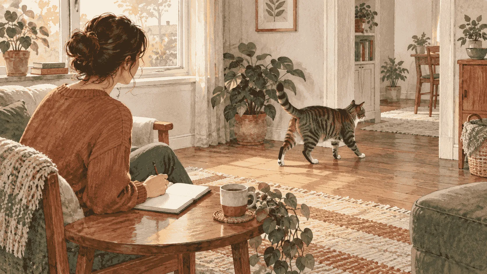 A caregiver notes a cat's eye appearance and surrounding body language while the tabby keeps an open route away from the window.