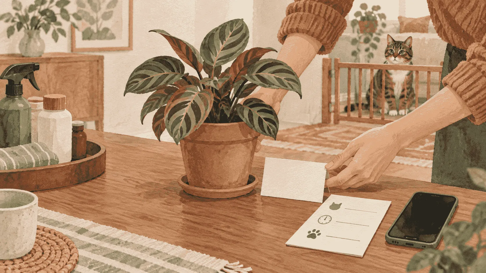 A caregiver sets a prayer plant beside a blank label card and a simple exposure note while a tabby cat waits behind a low gate.