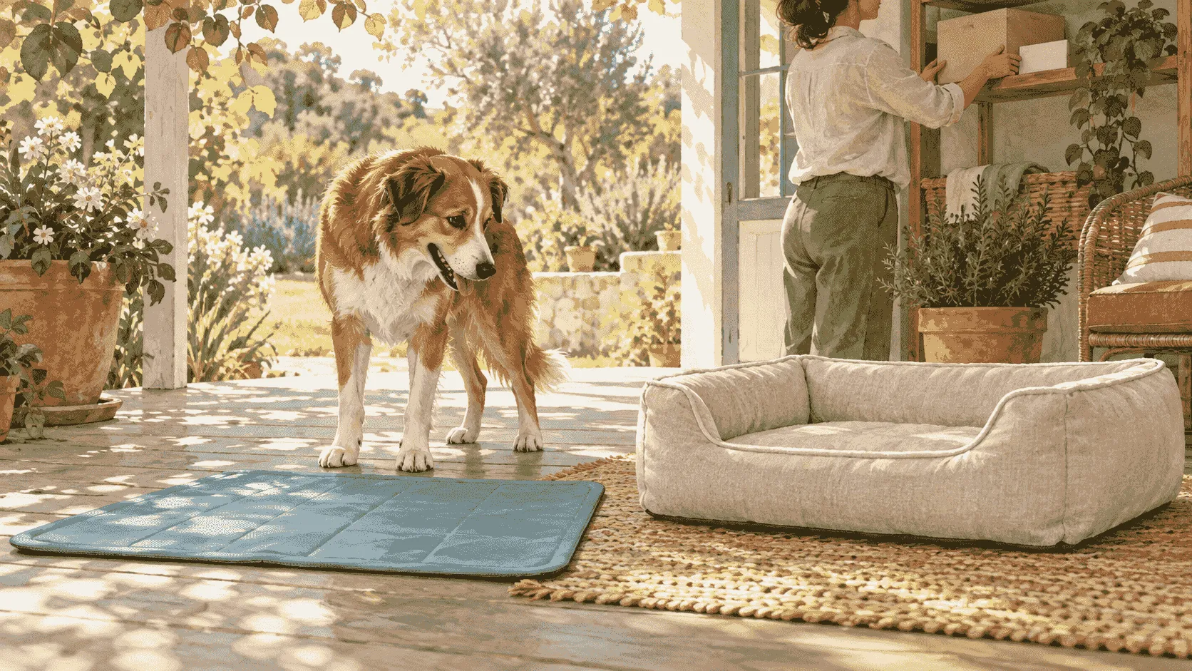 A dog considers a cooling mat and a plain bed on a shaded porch while a caregiver stores the product package on a high shelf.