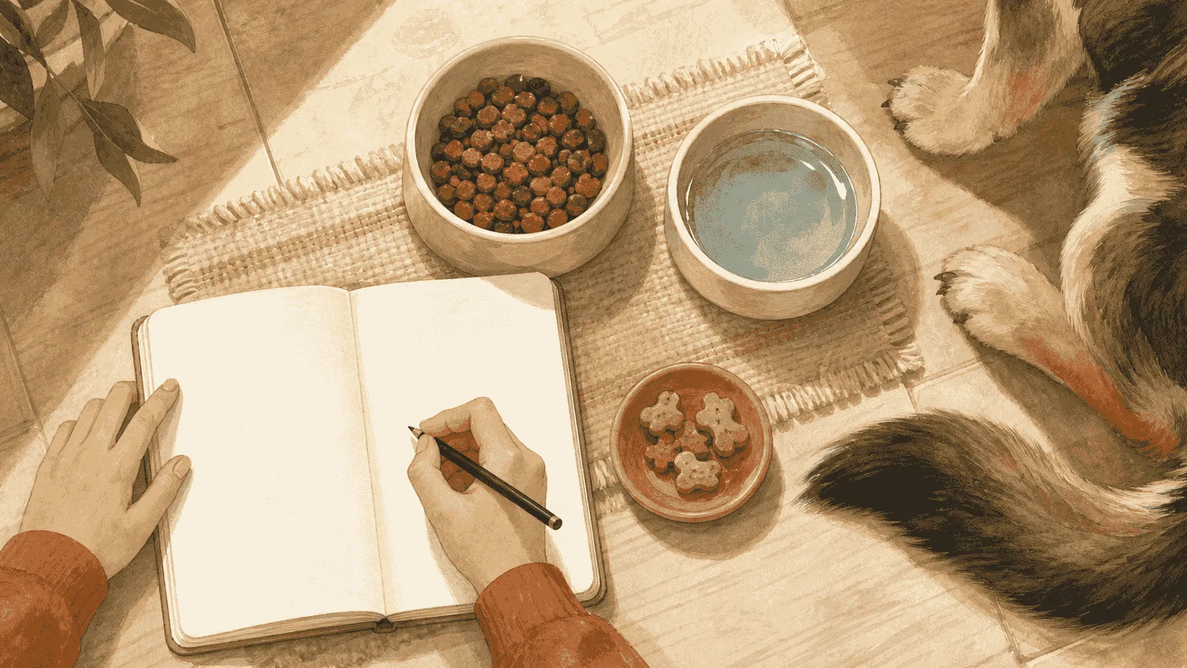 A caregiver notes an adult dog's meal, treats, drinking, and energy beside an untouched regular food bowl.