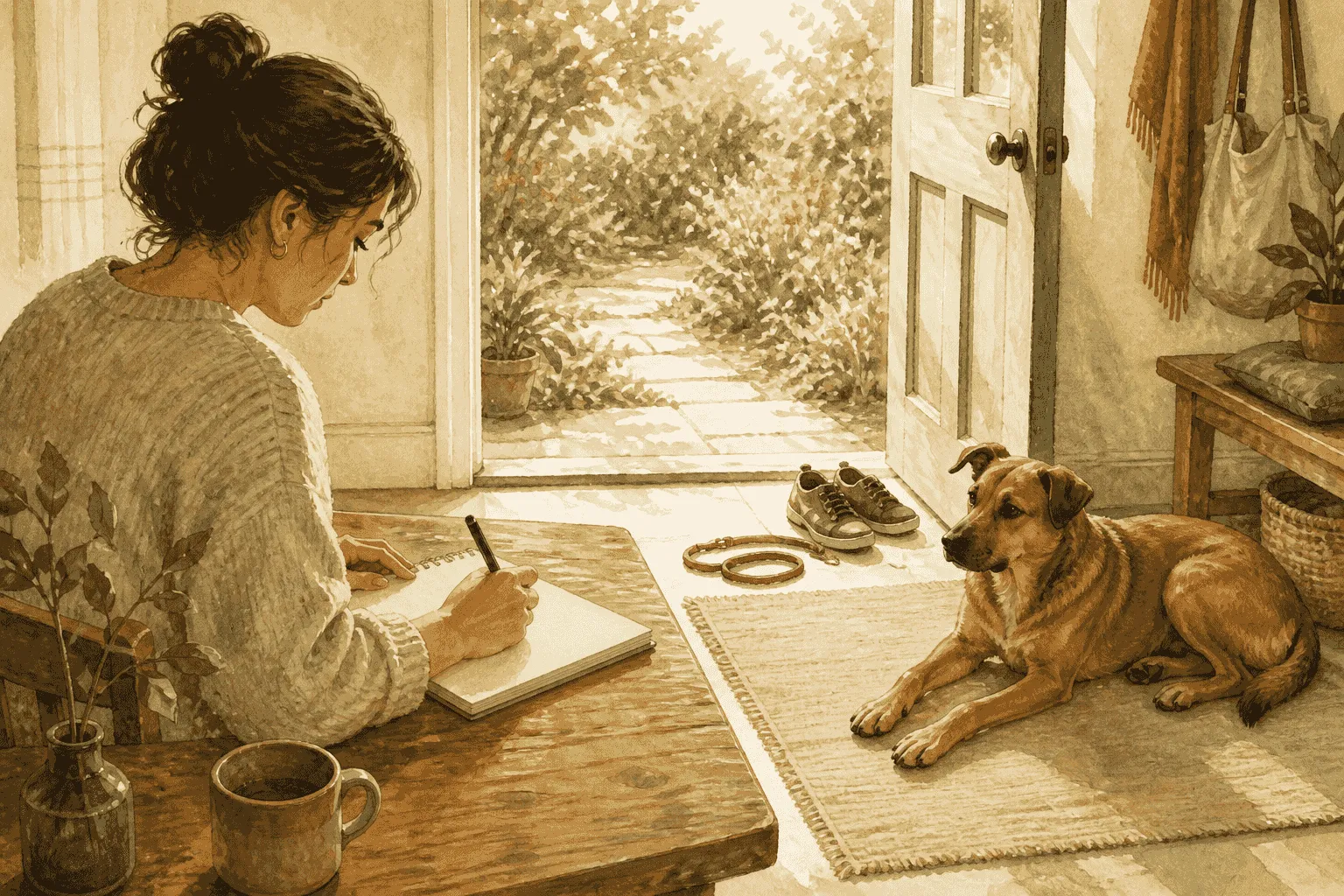 A caregiver writes notes at a wooden table while a brown dog rests on a mat near an open garden door.