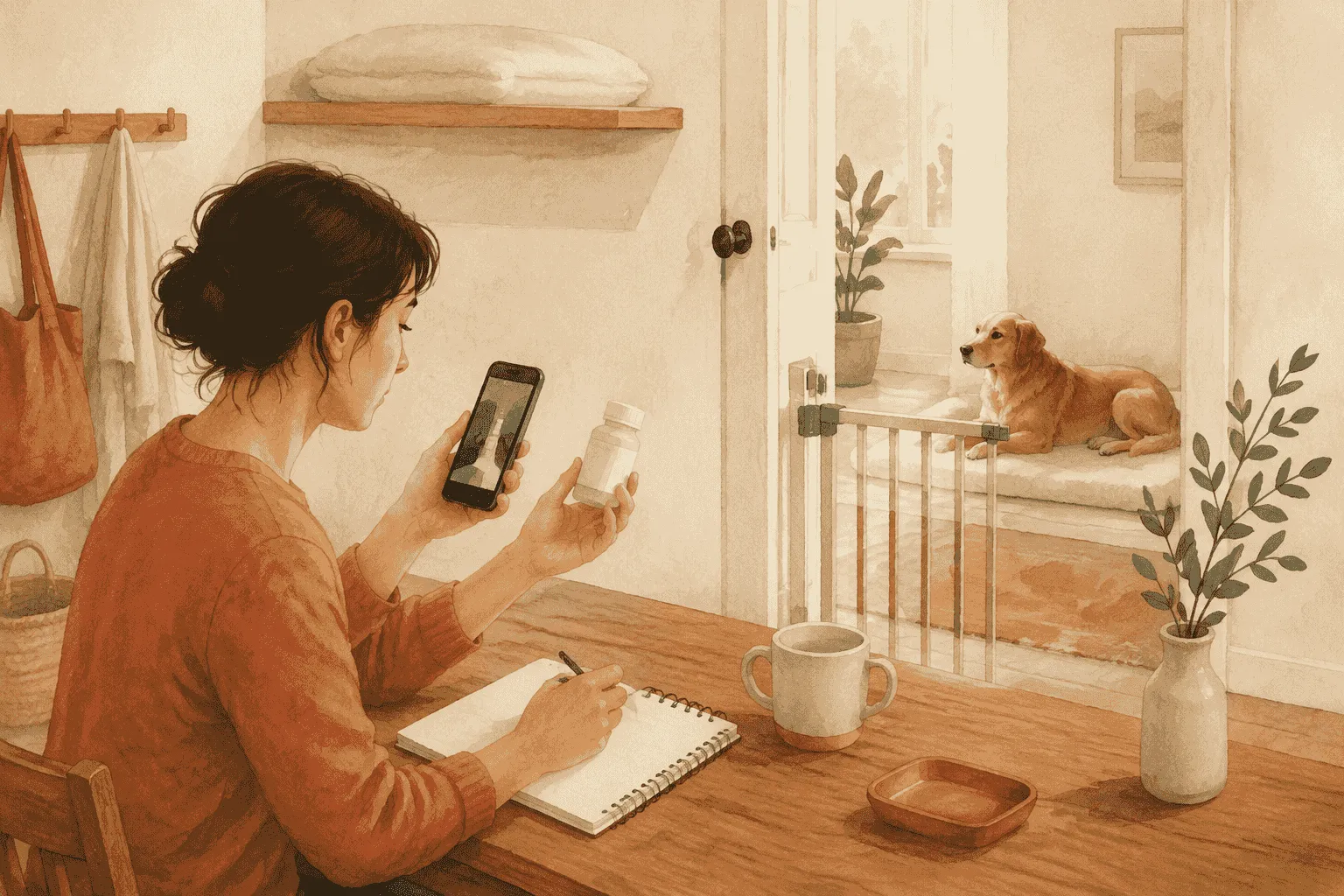 A caregiver photographs an unbranded medicine container and writes exposure notes while a dog rests behind a gate in another room.