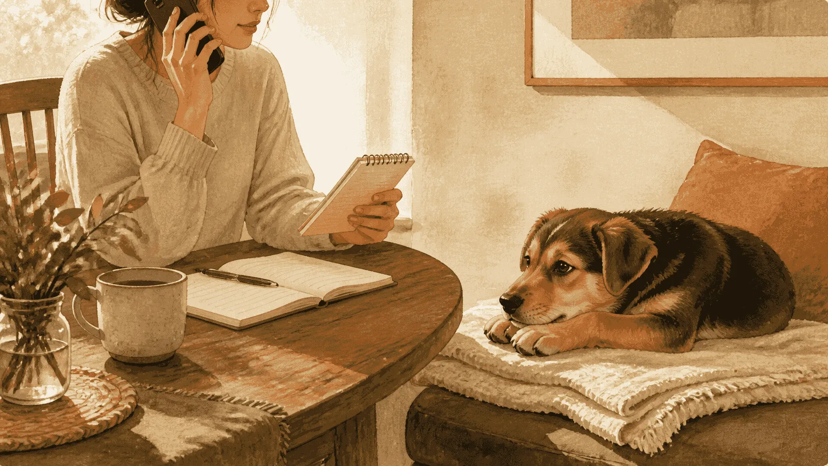 A young puppy resting on a cream rug while a caregiver notes the time of a brief episode in a small notebook.