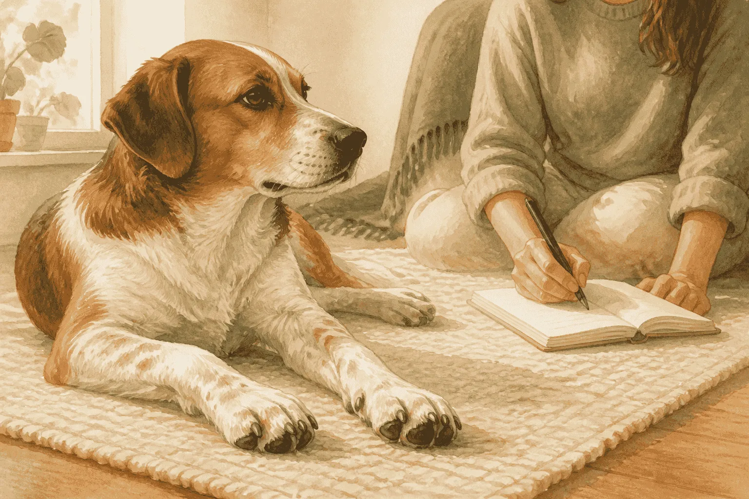A caregiver makes a simple paw observation note while a calm dog rests on a cream mat after a walk.