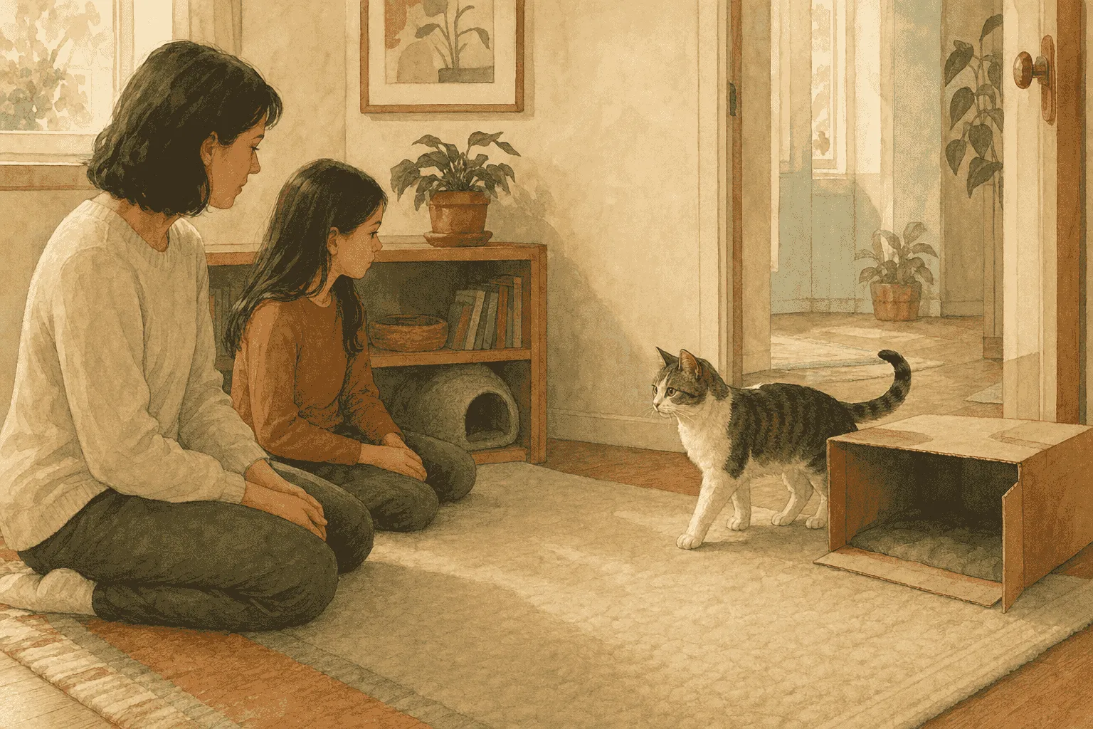 An adult and an older child sit quietly while a cat approaches from beside an open cardboard hideaway.