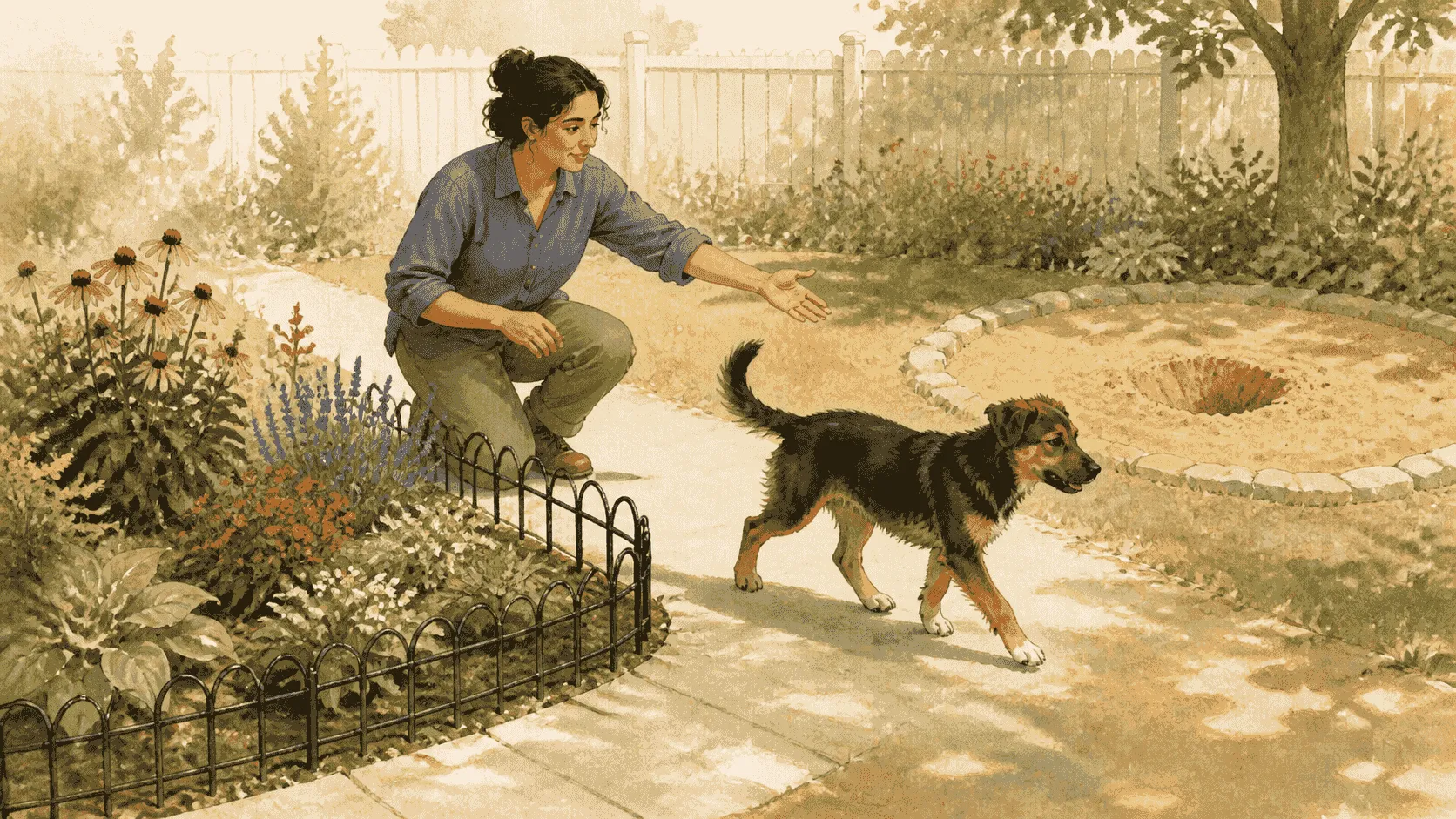 A caregiver gestures toward a marked sand digging area as a dog leaves a protected flower bed.
