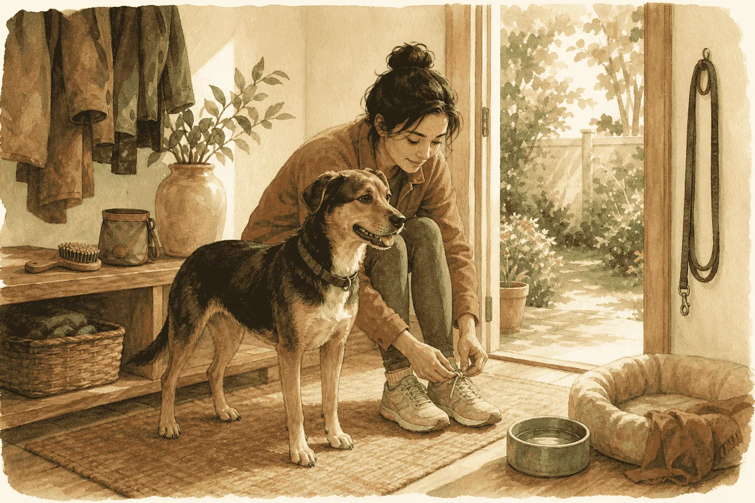 A mixed-breed dog waits beside a caregiver tying walking shoes in a home entryway with a leash, grooming brush, water bowl, and dog bed nearby.