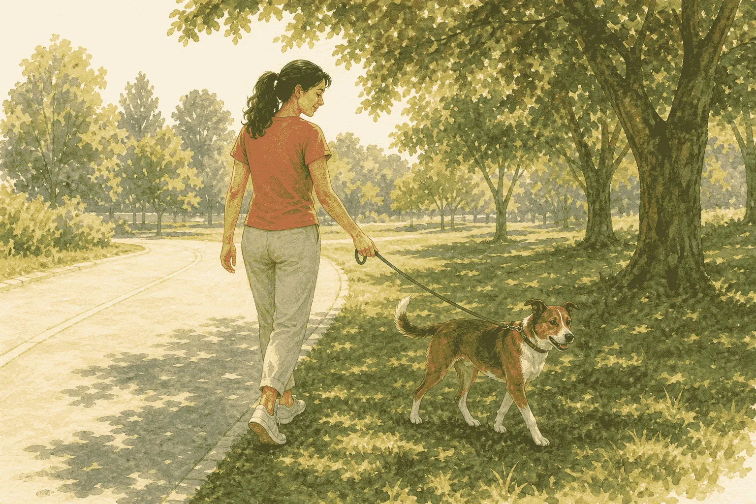 A brown-and-white dog and caregiver turn from a sunlit paved path onto shaded grass beneath leafy park trees.
