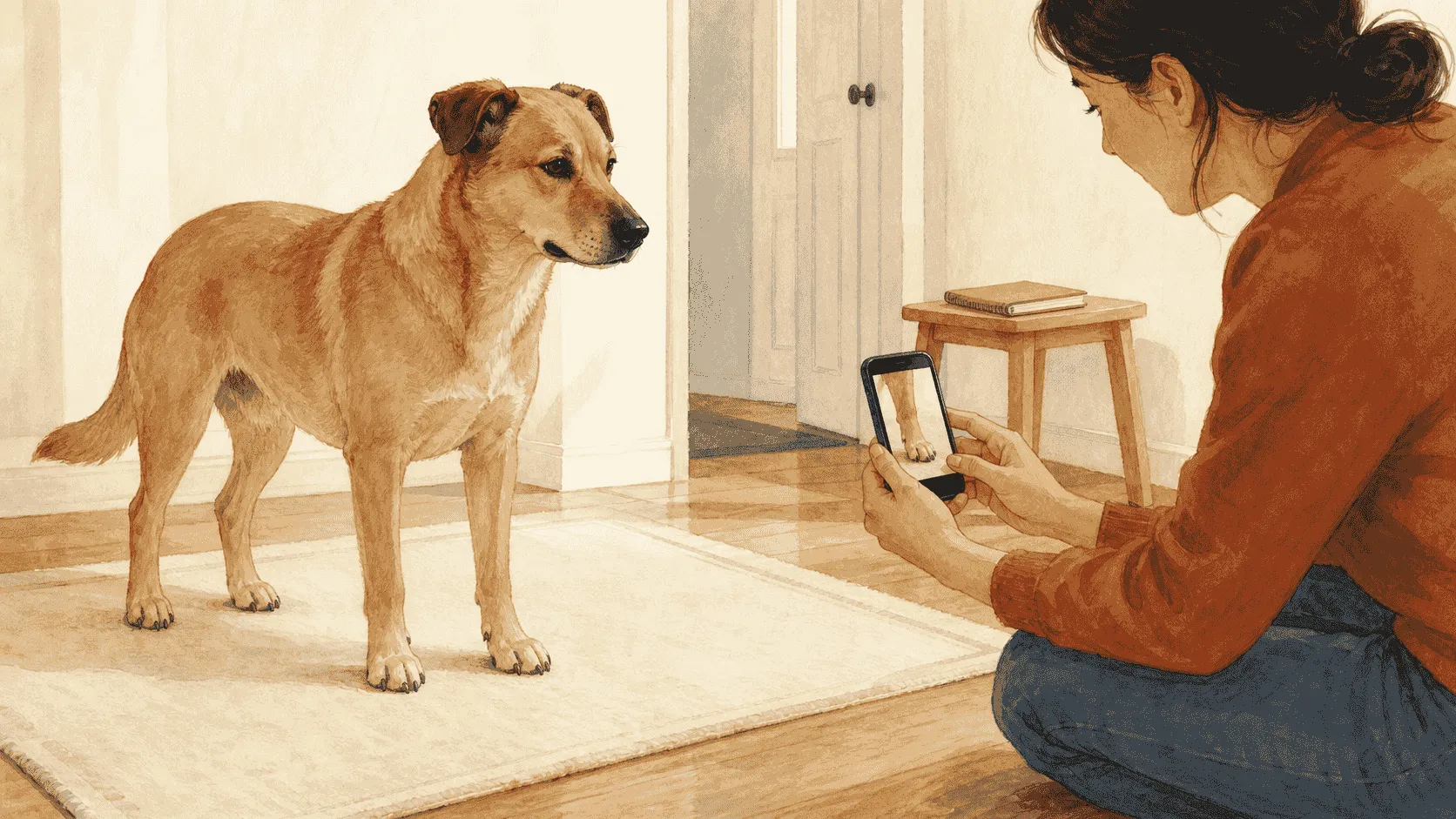 A caregiver photographs the front paw of a calm tan dog standing on a cream mat.