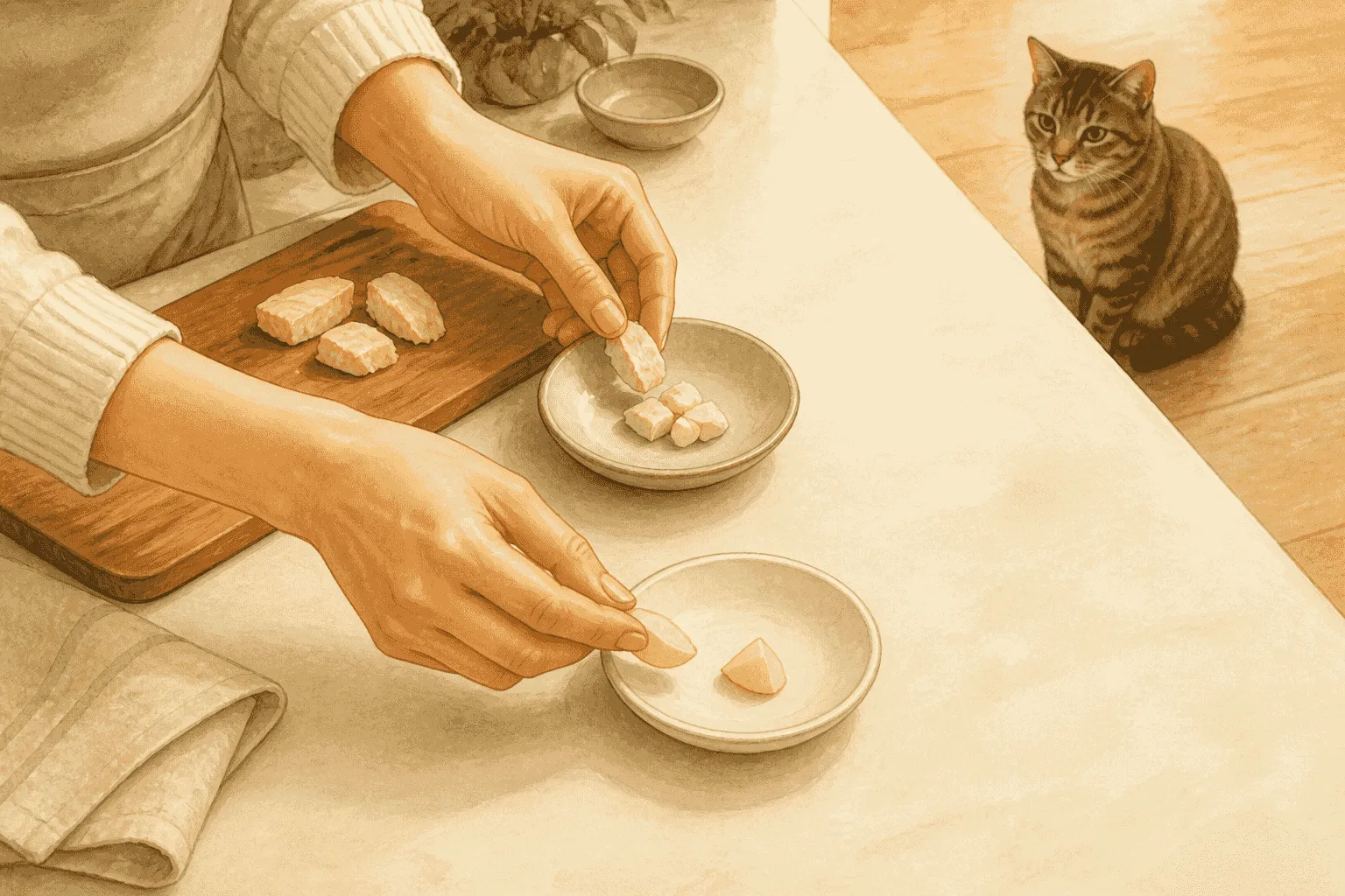 A caregiver prepares tiny plain cooked chicken and a seedless fruit piece on separate dishes while a tabby cat watches from a comfortable distance.