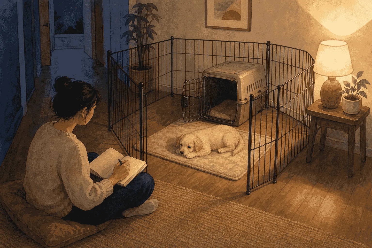 A caregiver writes a brief nighttime observation note while a young cream puppy rests inside a roomy pen beside an open crate.